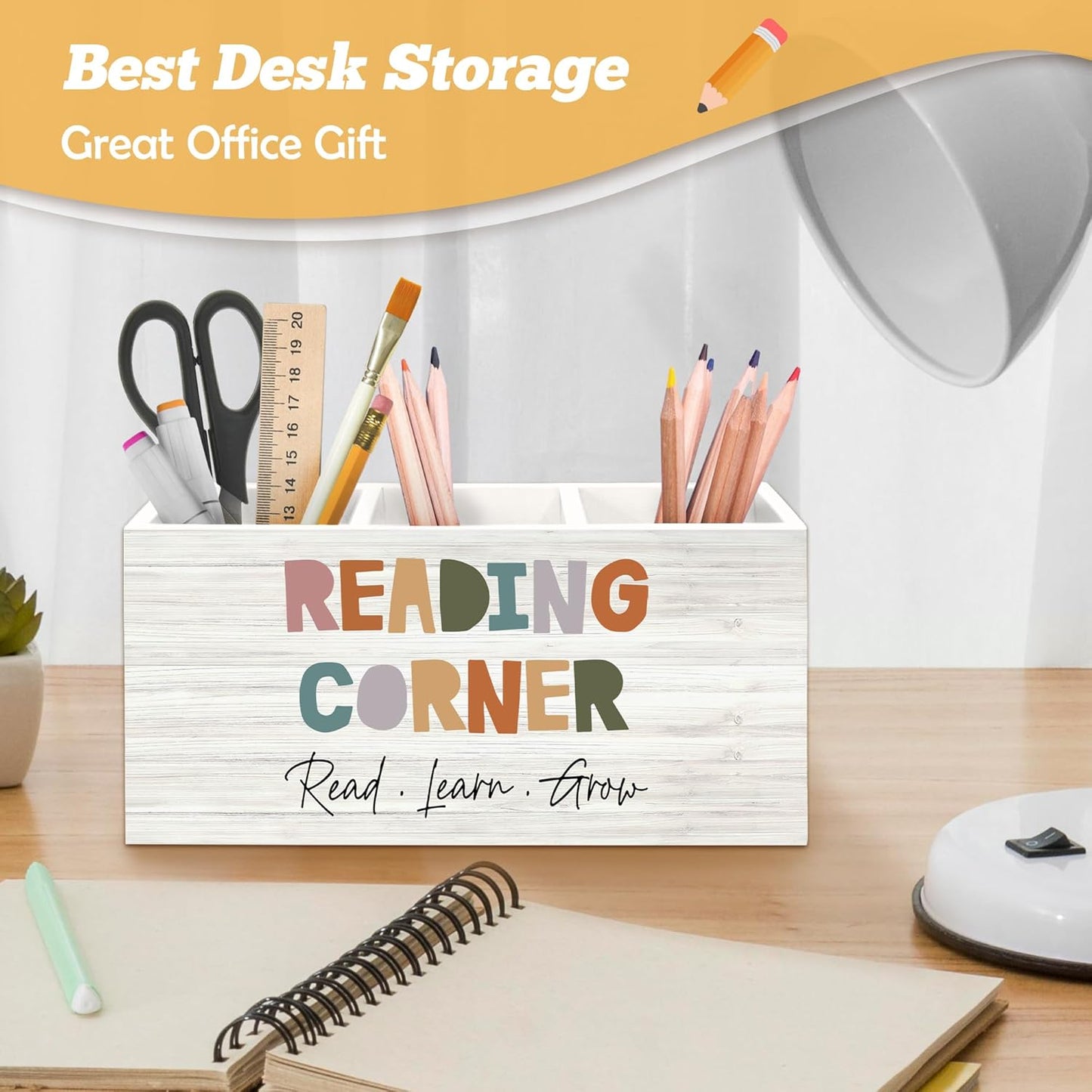 Boho Reading Corner Pen Holder Organizer for Desk Accessories, Boho Classroom Reading Wooden Box Desk Decorations for School Kids Room Bedroom Decor, Book Lovers Reader Bookish Gifts
