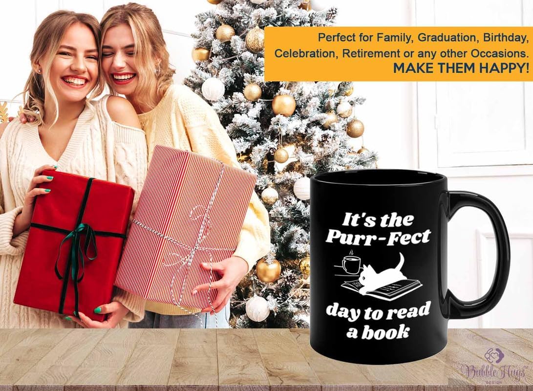Reading Coffee Mug 11oz Black - Purr-fect Day Read a Book - Reader Gift Bookworm Owl Lover Cat Lover Book Lover Novelist Librarian Writer