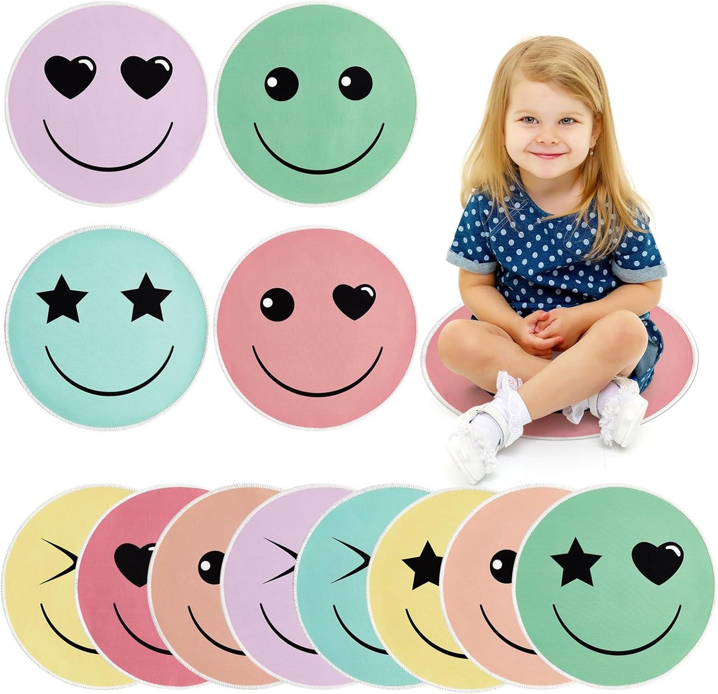 OBUSATT 12Pcs Carpet Circle Seats 15 Inch Round Classroom Rug for Calming Corner Supply Non Slip Floor Cushions Mat for Back to School Mental Health Nursery Learning Playing Areas Decor(Smile Face)