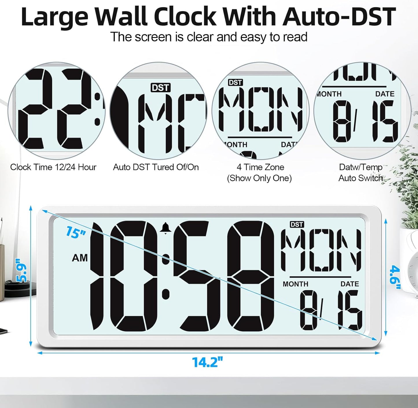 XREXS Large Digital Wall Clock Battery Operated with Backlight, 15" LED Large Display Timer with Temperature Date Week Auto DST Adjustable Brightness, Alarm Clock for Classroom, Livingroom, Office