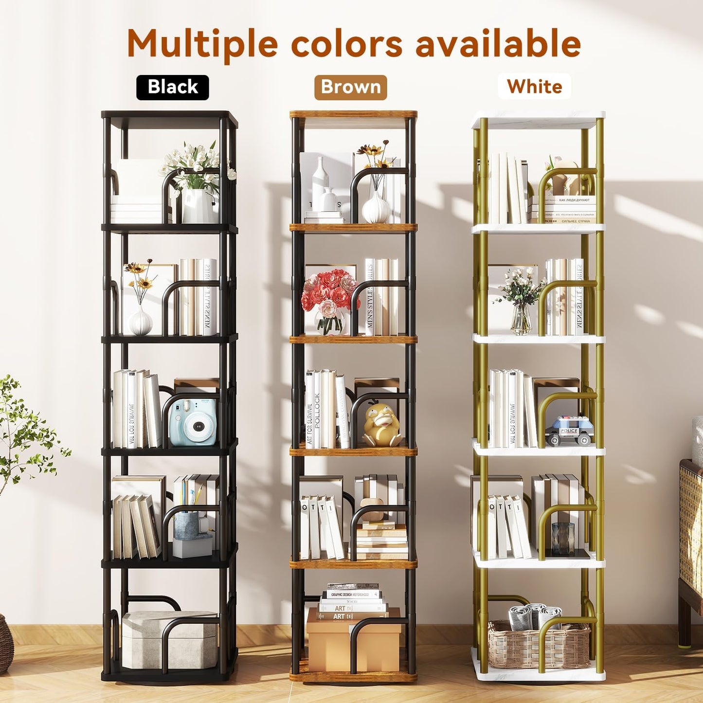 IBUYKE 6 Tier Square Rotating Bookshelf, 360° Spinning Bookcases Tower,Freestanding Corner Bookshelf with Rails,Industrial Swivel Bookcase Organizer for Bedroom, Living Room,Study,Brown,UTBC005H