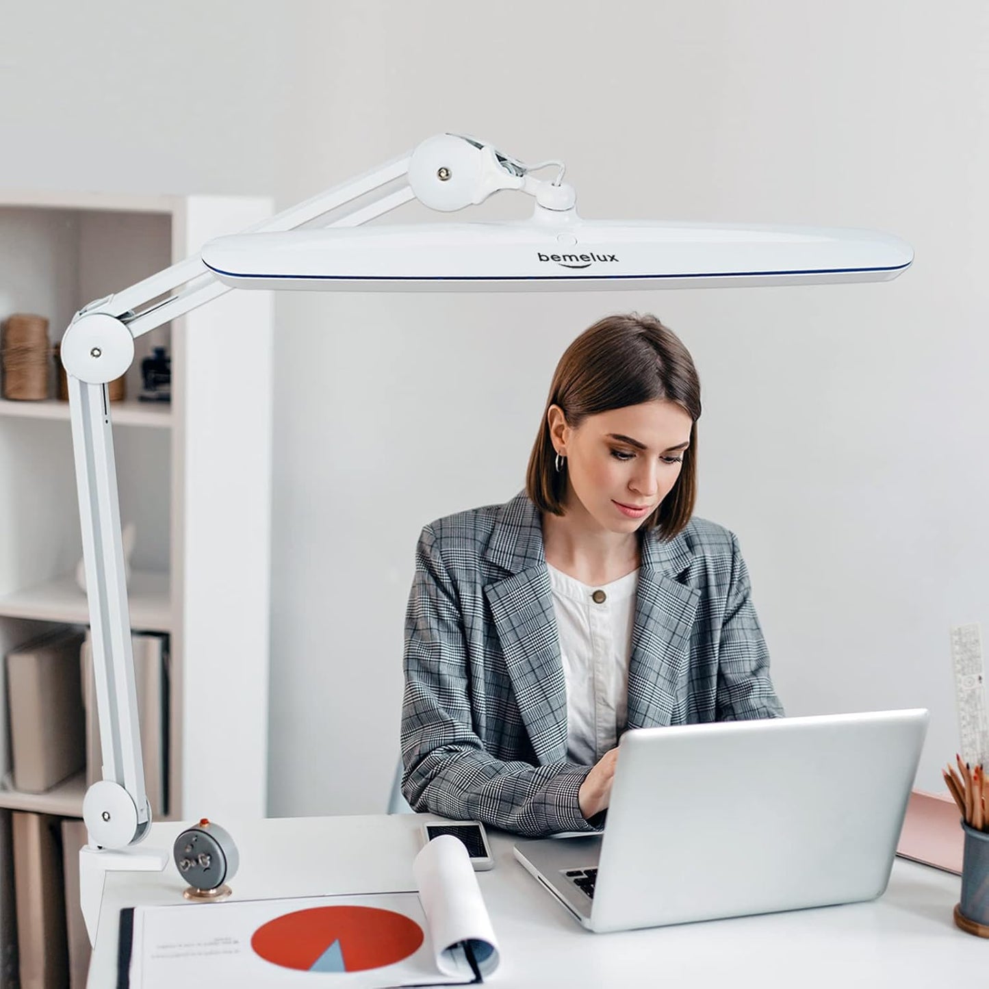Task Lamp with Clamp, Bright 117PCS LEDs, Metal Swing Arm 24W 2200 Lumen Dimmable Led Desk Lamp for Architect Home Office Study Reading Dorm Workbench Craft, 23 Inch Working Lamp(White)