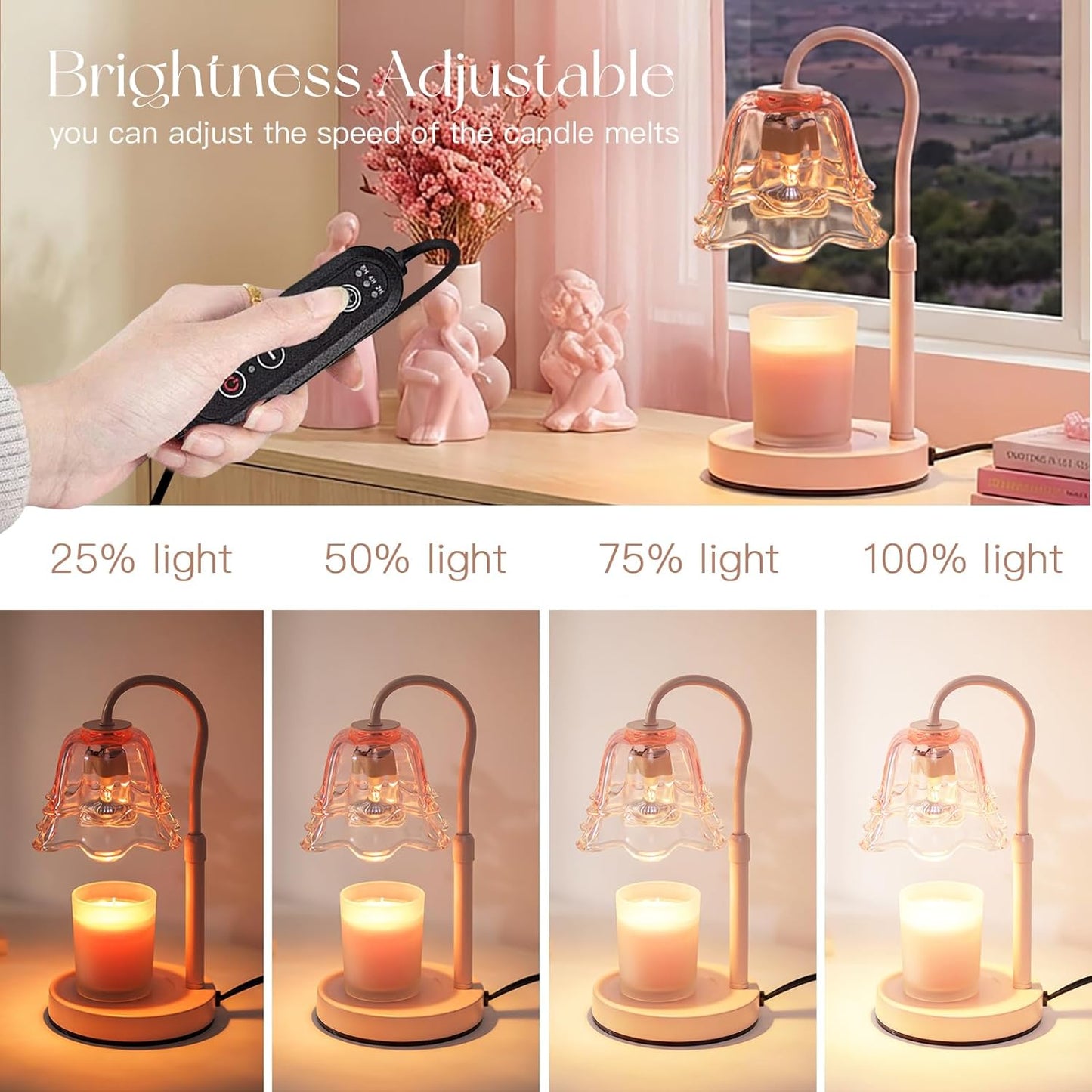 Candle Warmer Lamp with Timer: Pink Flower Candle Warming Lamp with 2 Bulbs Height Adjustable Wax Warmer Dimmable Coquette Preppy Room Home Decor Mothers Day Gift for Women