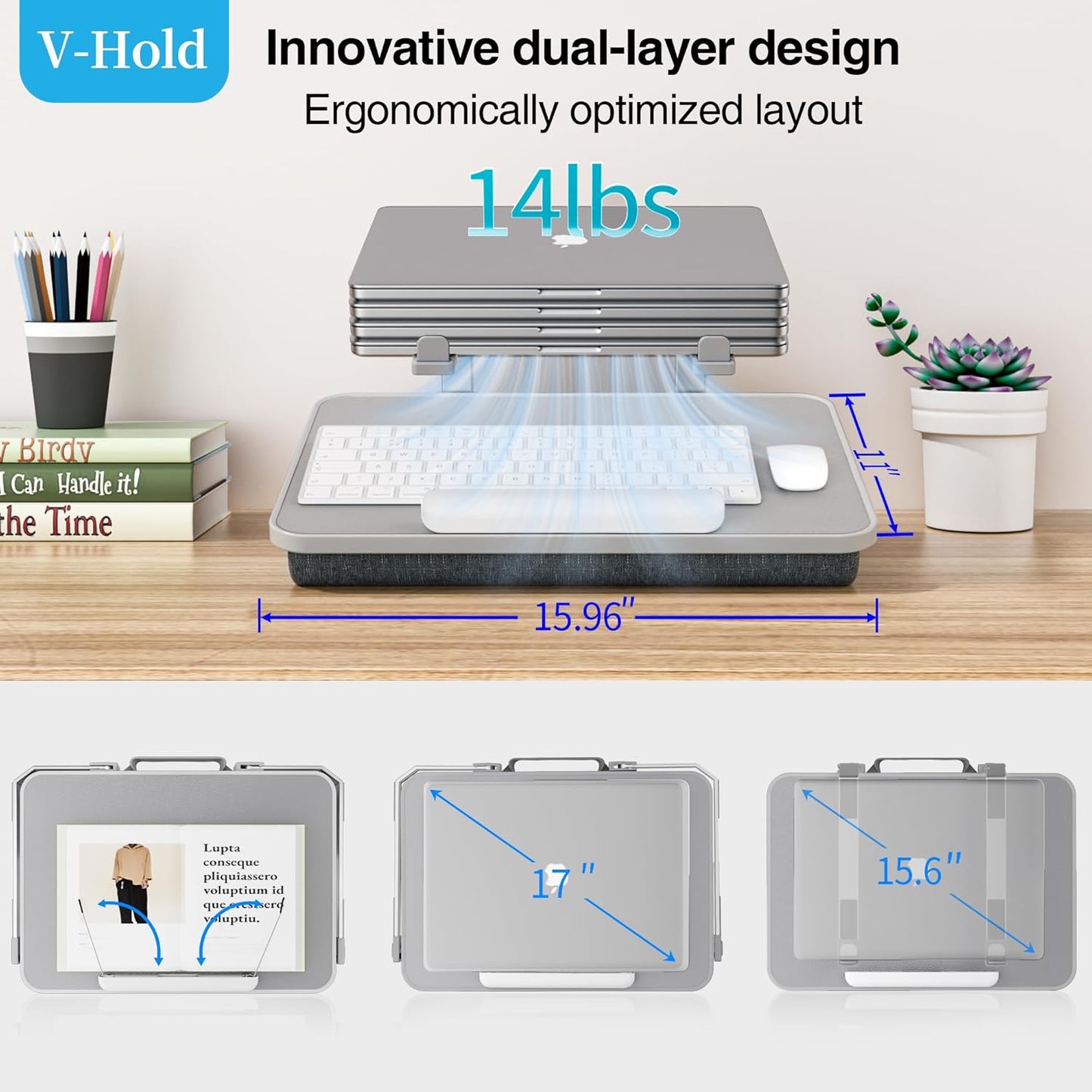 V-Hold Laptop Lap Desk with Foldable Stand, Lightweight Laptop Stand for Bed, Fits up to 17" Laptops & MacBook, Lightweight Lap Tray Table with Pillow Cushion for Bed & Couch
