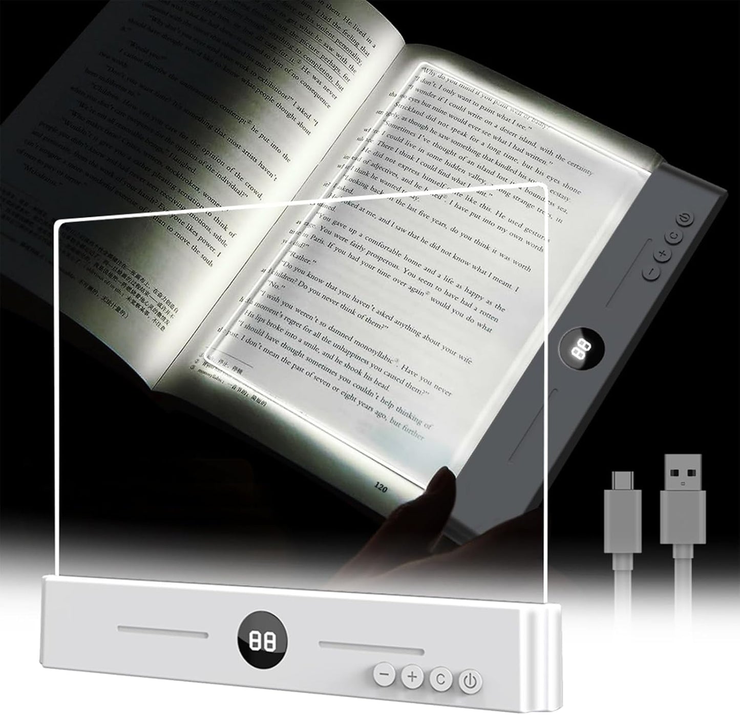 Smart Flat Book Light, Rechargeable Clear LED Reading Light with 3 Colors & Timer, Flat Reading Lamps for Book, Dimmable Full Page Panel Plate Lamp, Kids Eye Protection for Night Reading in Bed