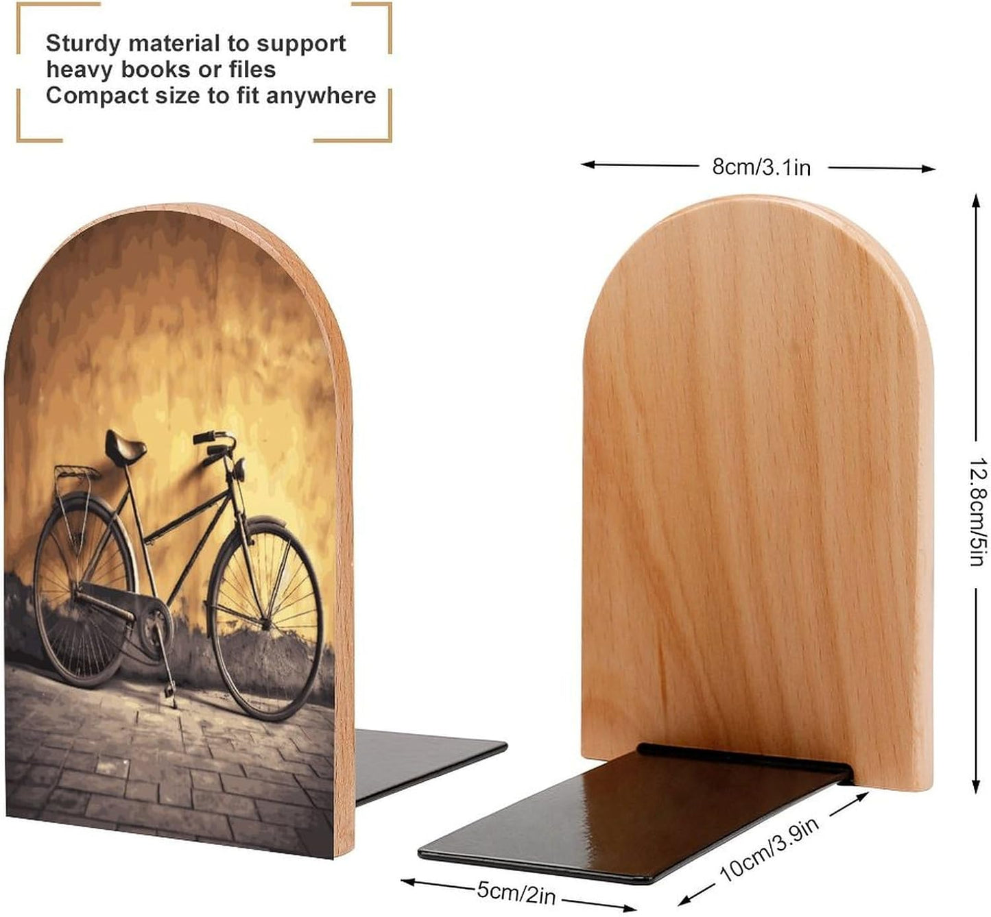 Old Bicycle Bookends 1 Pair Heavy Duty Book Ends for Shelves Non-Skid Bookend Supports Wooden Book Holders with Metal Base Desk Organizers Books Storage to Hold Books