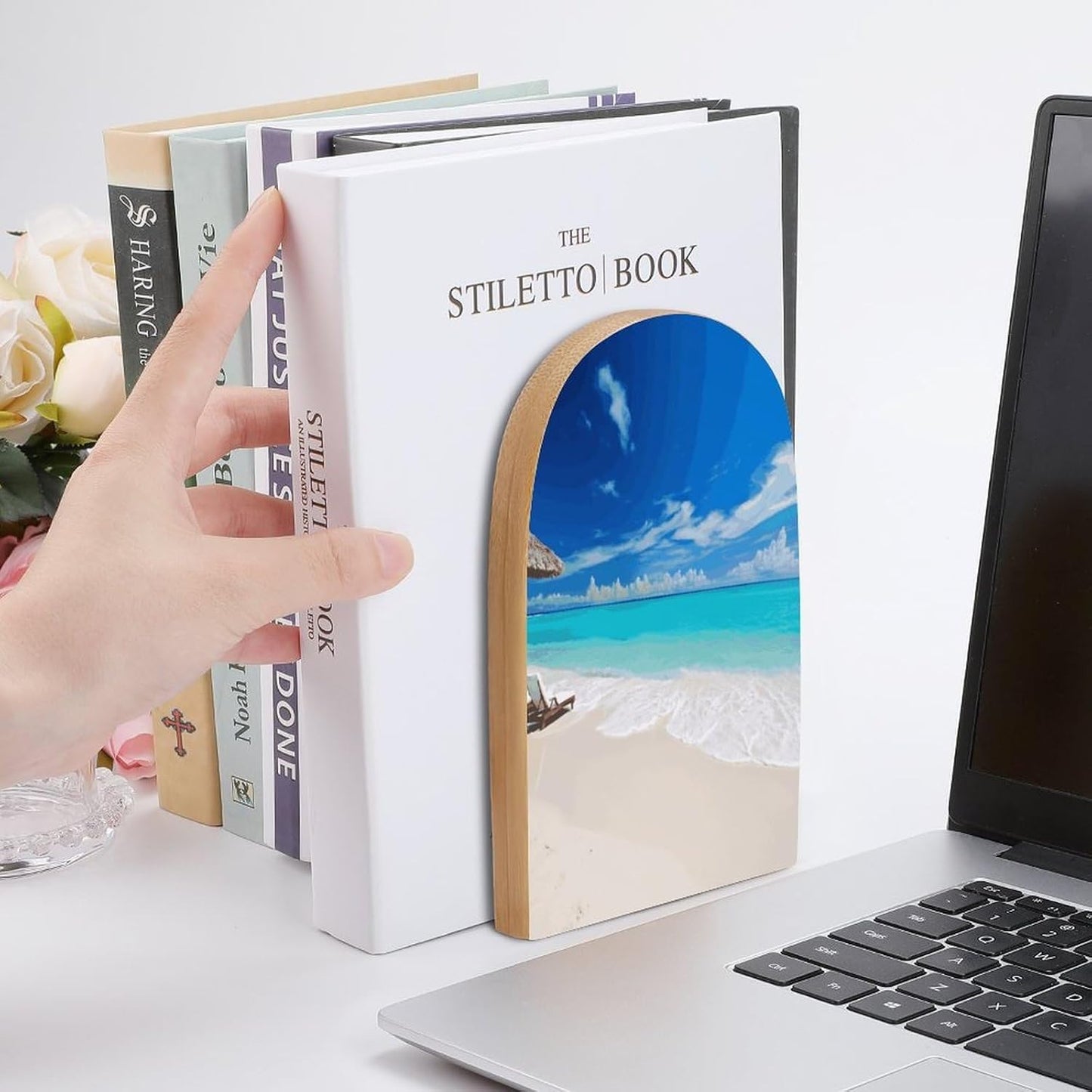 Non-Slip Bookend for Shelves White Beach Tropical Sea Wooden Bookends with Metal Base Decorative Book Stopper for Home Heavy Duty Wood Book Storage for Books/CDs