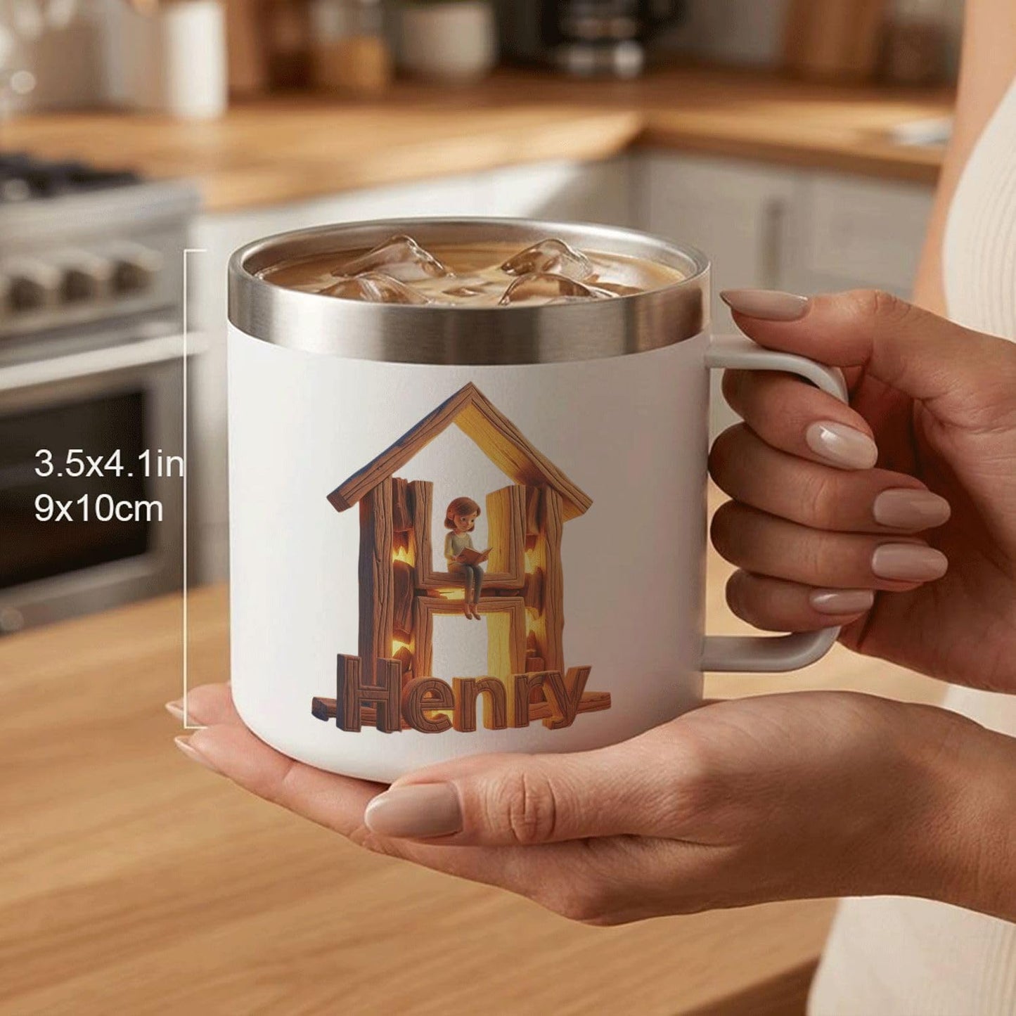 Personalized Book Lover Mug with Custom Name Initial H - 14oz Insulated Stainless Steel Coffee Cup with Handle and Lid - Cozy Reading Nook Design Gift for Readers, Bookworms