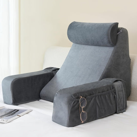 Backrest Pillow with Armrests and Storage Pockets, Gray, Reading Support Cushion with Removable Arms and Neck Roll