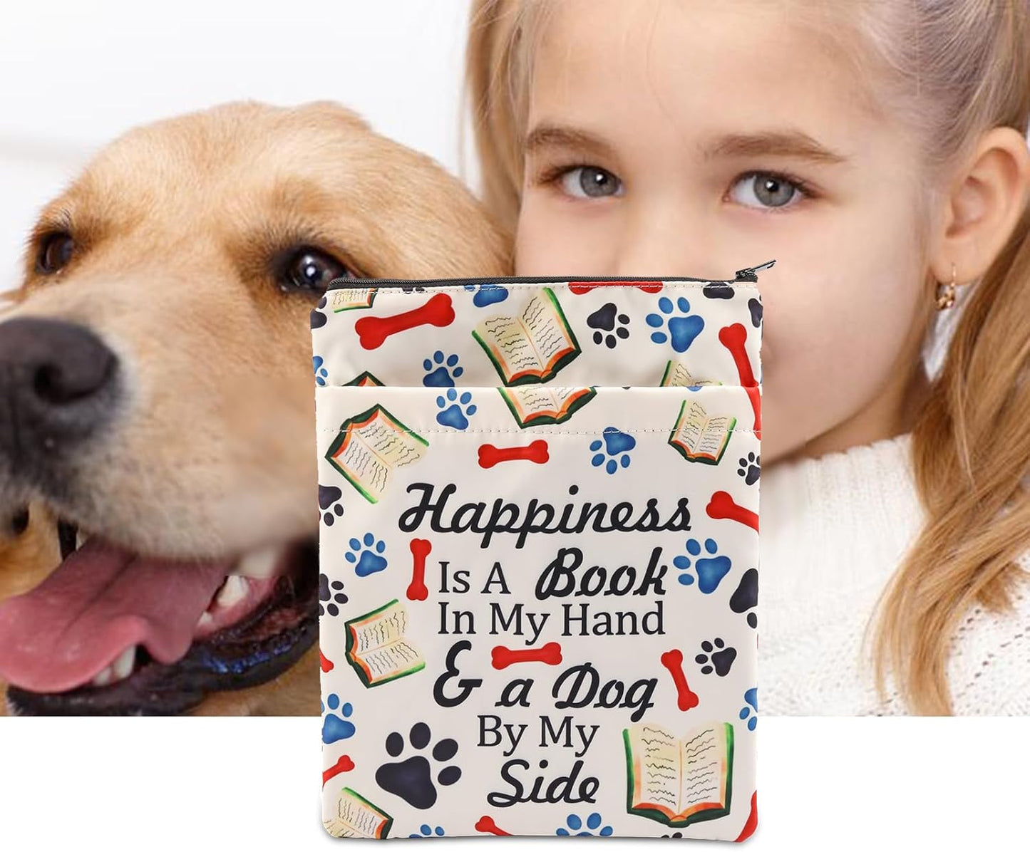Book Lover Book Sleeve Dog Lover Gift Happiness is A Book in My Hand & a Dog by My Side Book Protector for Animal Lover (Happiness-B)