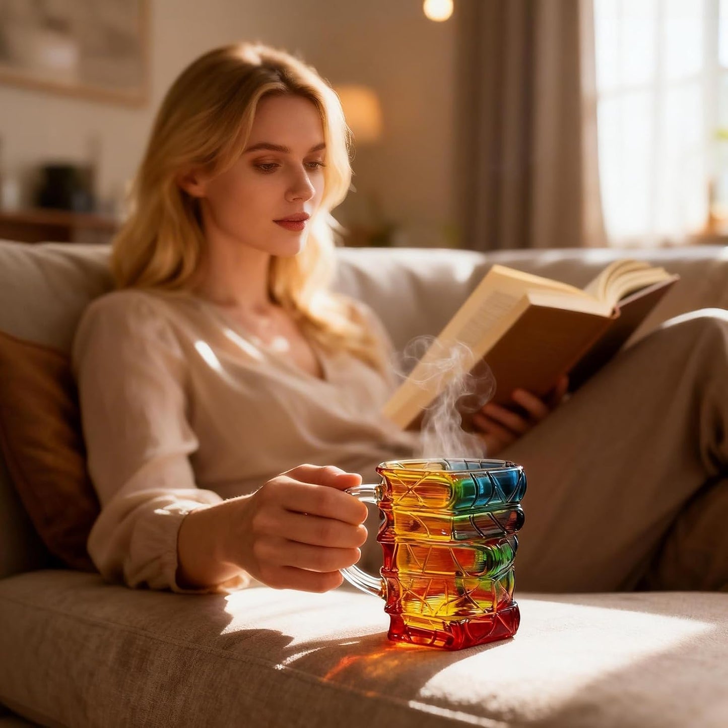 Book Coffee Mug, 3D Stained Glass Book Mug - Stacked Book Design, 7oz Handmade Novelty Mug for Book Lovers, Readers & Writers, Unique Artistic Reading Gift for Women & Friends