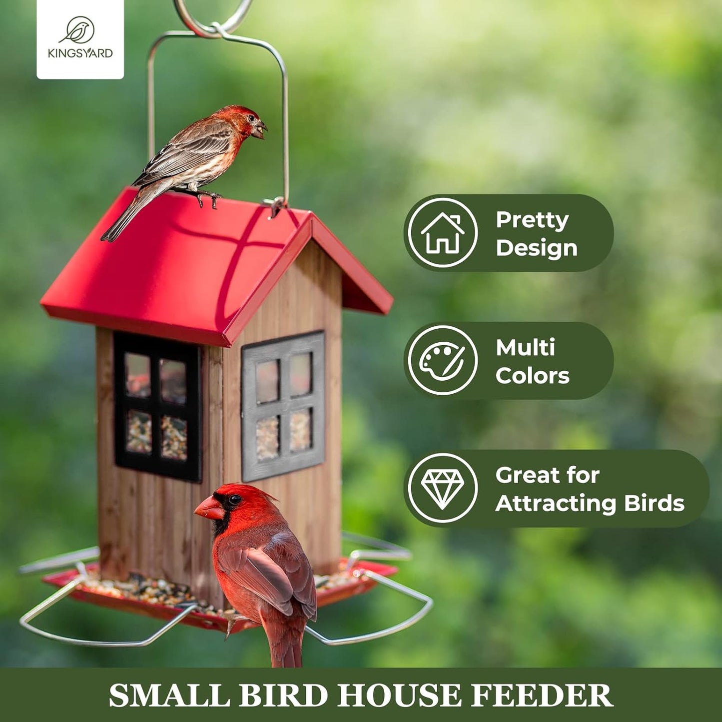 Kingsyard Cute Bird House Feeders for Outside, Hanging Metal Bird Feeder with 4 Ports, Outdoor Garden Yard Decorations for Cardinals Finches Chickadees Goldfinches & Sparrows Birds Watching