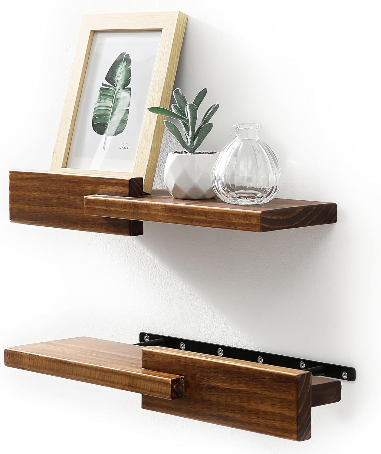 Wood Floating Shelf Set of 2, 4.5D x 15W Inch Modern Reversible Wall Shelves, Minimalism Wall Mount Hardwood Shelves, Wall Decor for Bedroom Living Room Kitchen (Walnut)