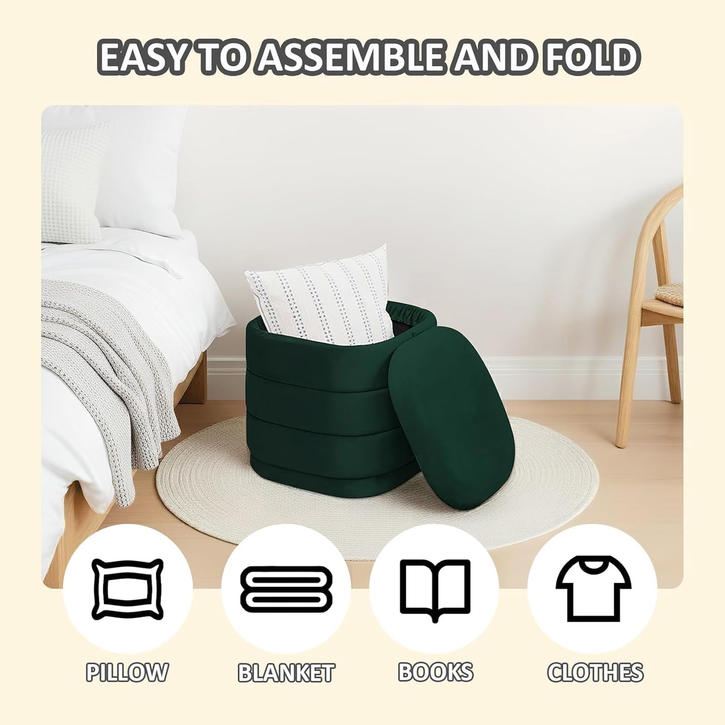 PINPLUS Ottoman with Stroage Square Velvet Ottoman and Tray Removable Foot Rest Coffee Table for Dorm, Living Room,Bottle Green 15" D x 15" W x 15" H