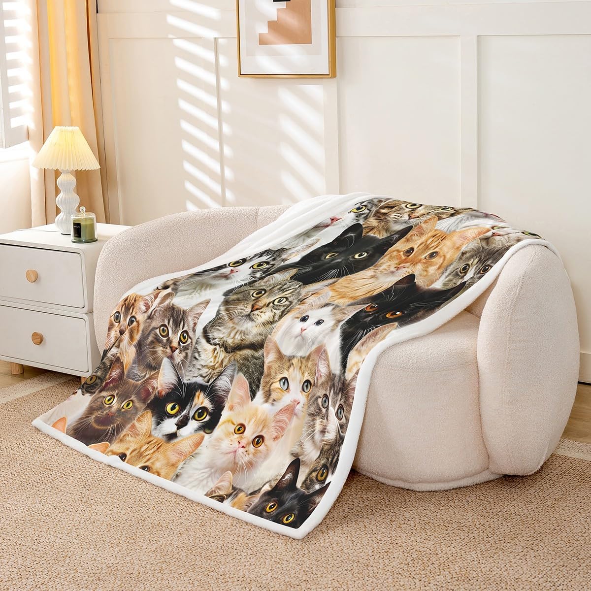Cat Plush Blanket Cute Kitten Pet Fleece Throw Blanket Lovely Funny Cats Animal Pattern Sherpa Blanket for Bed Sofa Couch Microfiber Toddler Kawaii Fuzzy Blanket Room Decor Twin 60"x80"