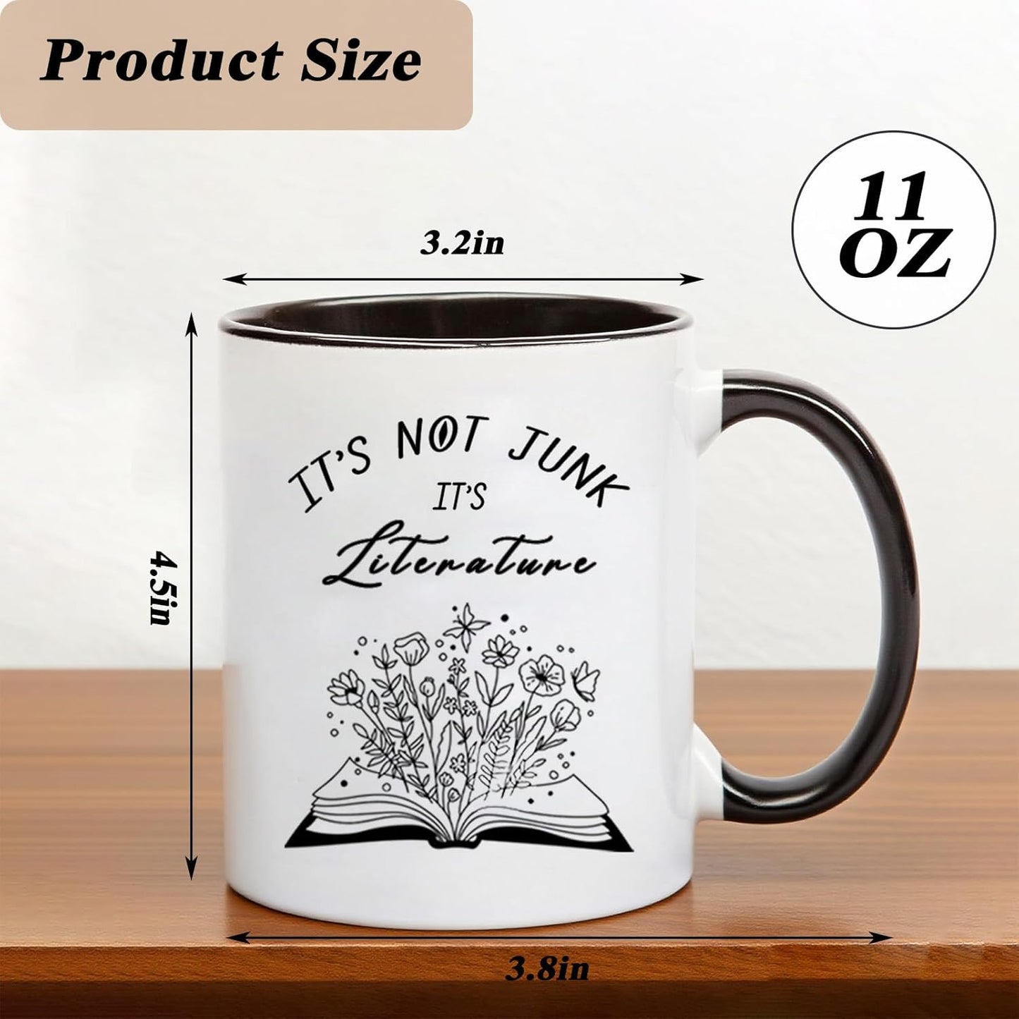 Funny Book Lover Coffee Mug, “It’s Not Junk It’s Literature” Ceramic Cup Gift for Readers, Writers, Teachers, Students, Bibliophiles, Book Club, Office Desk, 11 oz Novelty Cup
