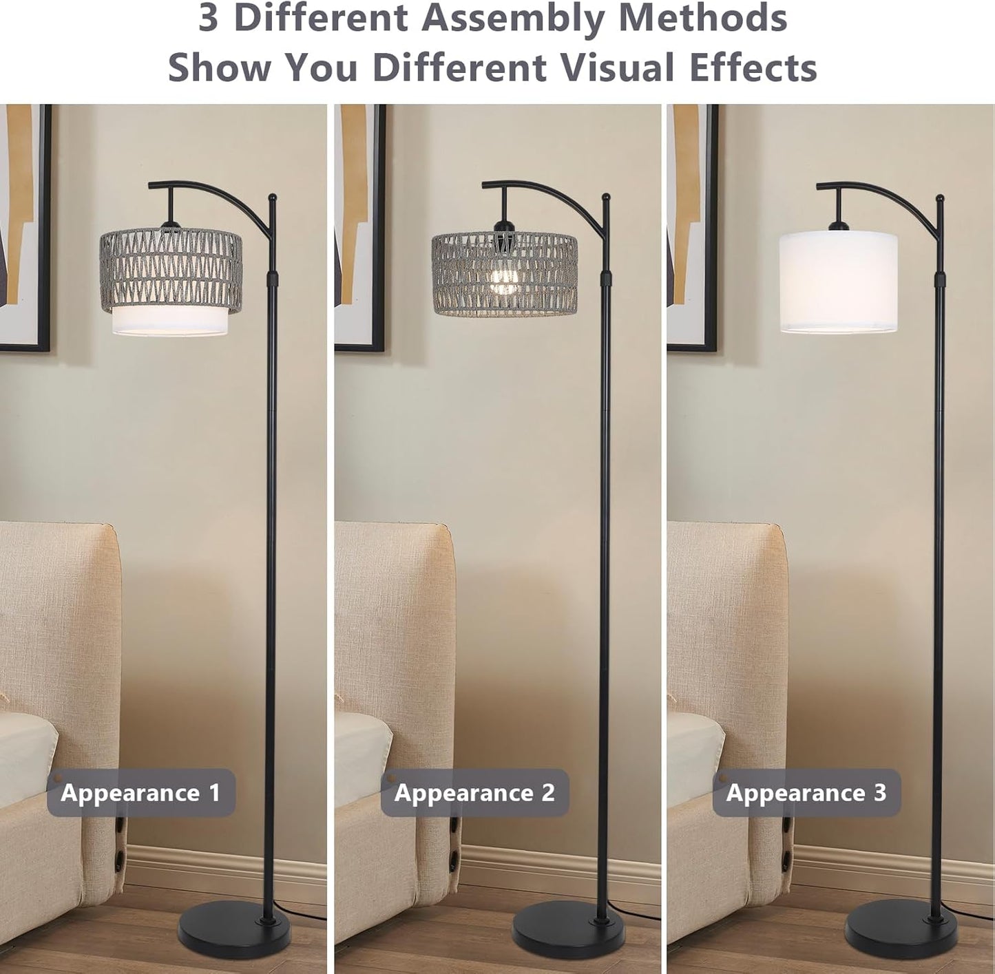 Floor Lamps for Living Room, Arc Standing Lamp with Remote & Dimmable Bulb, Boho Rattan Floor Lamp for Bedroom with 3 Color Temperatures, Farmhouse Tall Lamp, Height Adjustable Stand up Lamp