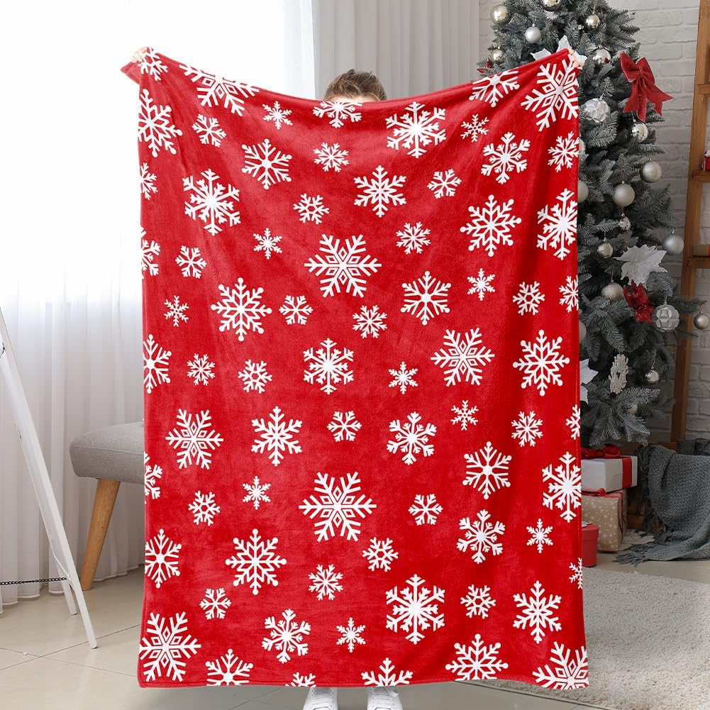 Christmas Red Throw Blanket White Snowflake Throw Blanket Xmas Winter Holiday Cozy Fuzzy Plush Throw Blankets Super Soft Lightweight Throw Blankets for Women Men 50" X 60"
