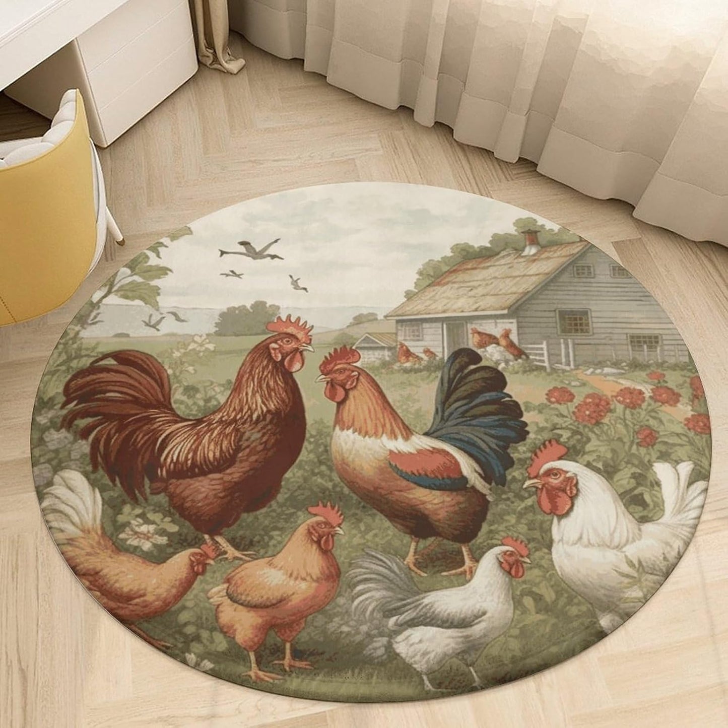 Chickens and Farm Circle Rug Retro Luxury Coral Velvet Floor Mat Non Slip Soft Indoor Floor Carpet Comfy Thickened Area Rugs Modern Aesthetic Minimalist Carpets for Home Decor