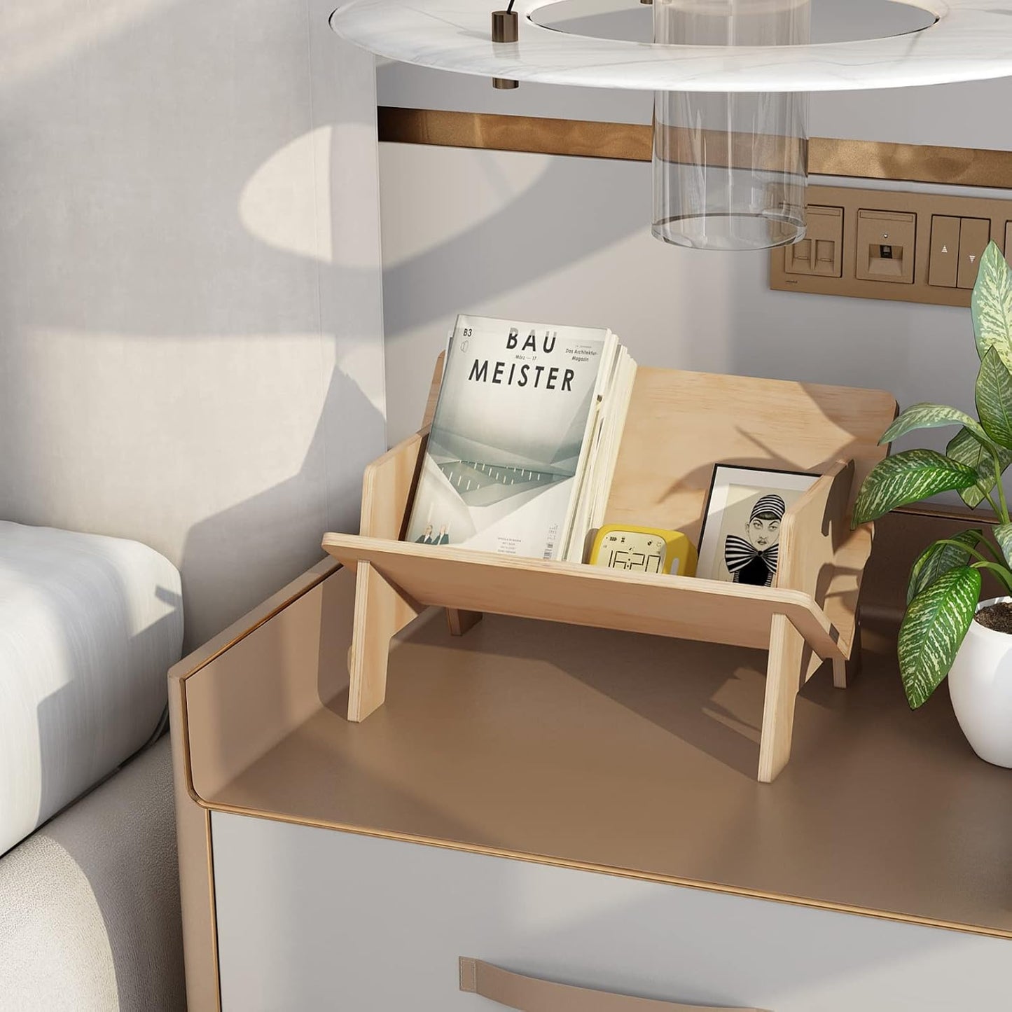 RekRang Wooden Tabletop Bookshelf Titled Desktop Bookshelf Cookbook Shelf,Small Bookcases for Magazine Books CDs,Book Rack Desk Book Organizer in Living Room/Office/Bedroom (Burlywood)