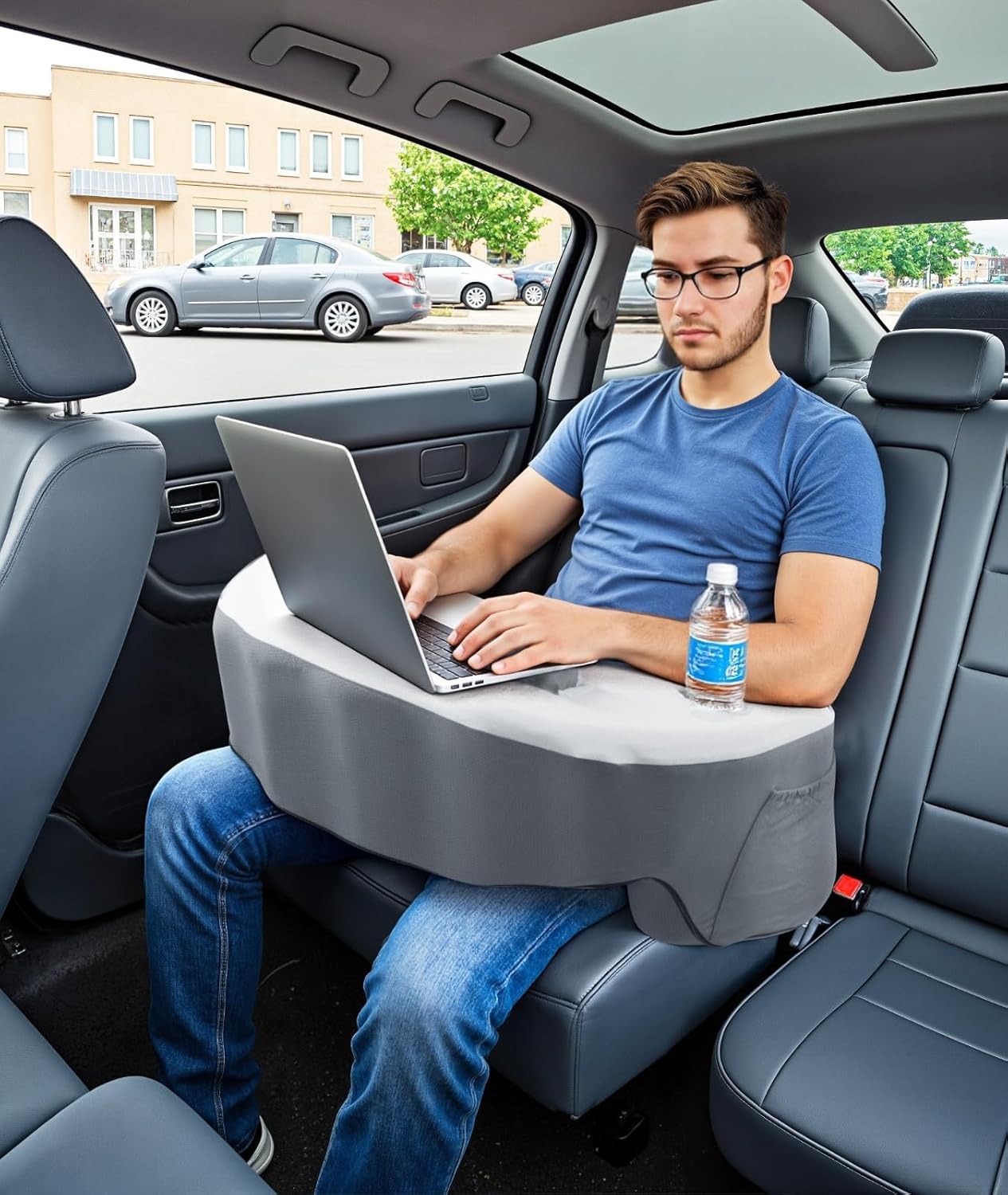 Ergonomic Lap Desk Pillow with Cooling Memory Foam – Gaming Cushion for Bed, Laptop Support, and Reading Pillow with Armrest for Comfort at Home, Office, or Travel (Grey)