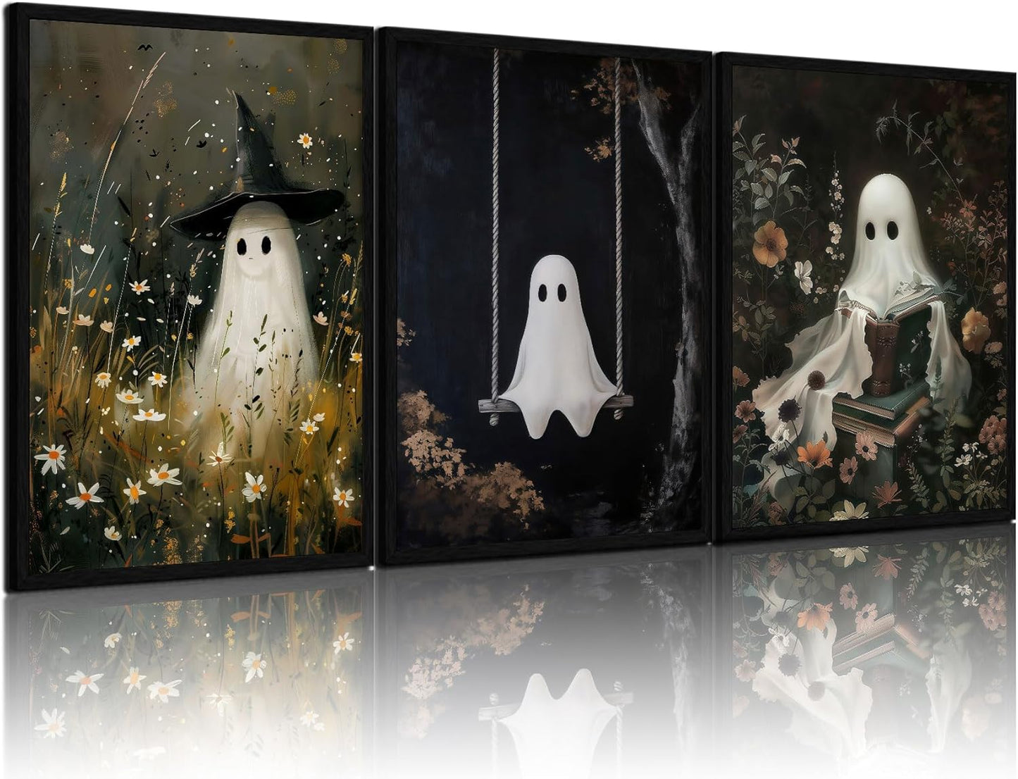 RERNIE et of 3 Ghost Wall Art Witch Poster Halloween Bathroom Decor, Gothic Dark Academia Canvas Wall Art, Funny Bathroom Pictures, Spooky Horror Home Decor 12x16 Inch Unframed