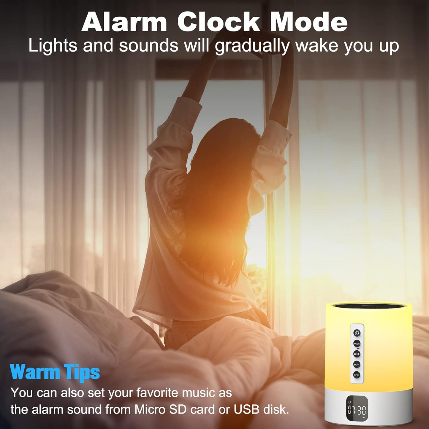 Night Light Bluetooth Speaker Alarm Clock, Sound Machine with White Noise, Touch Bedside Lamp, Dimmable Warm White Light, 48 RGB Color Changing, Ideal Gifts for 10-15 Year Old Teenage Boys Girls