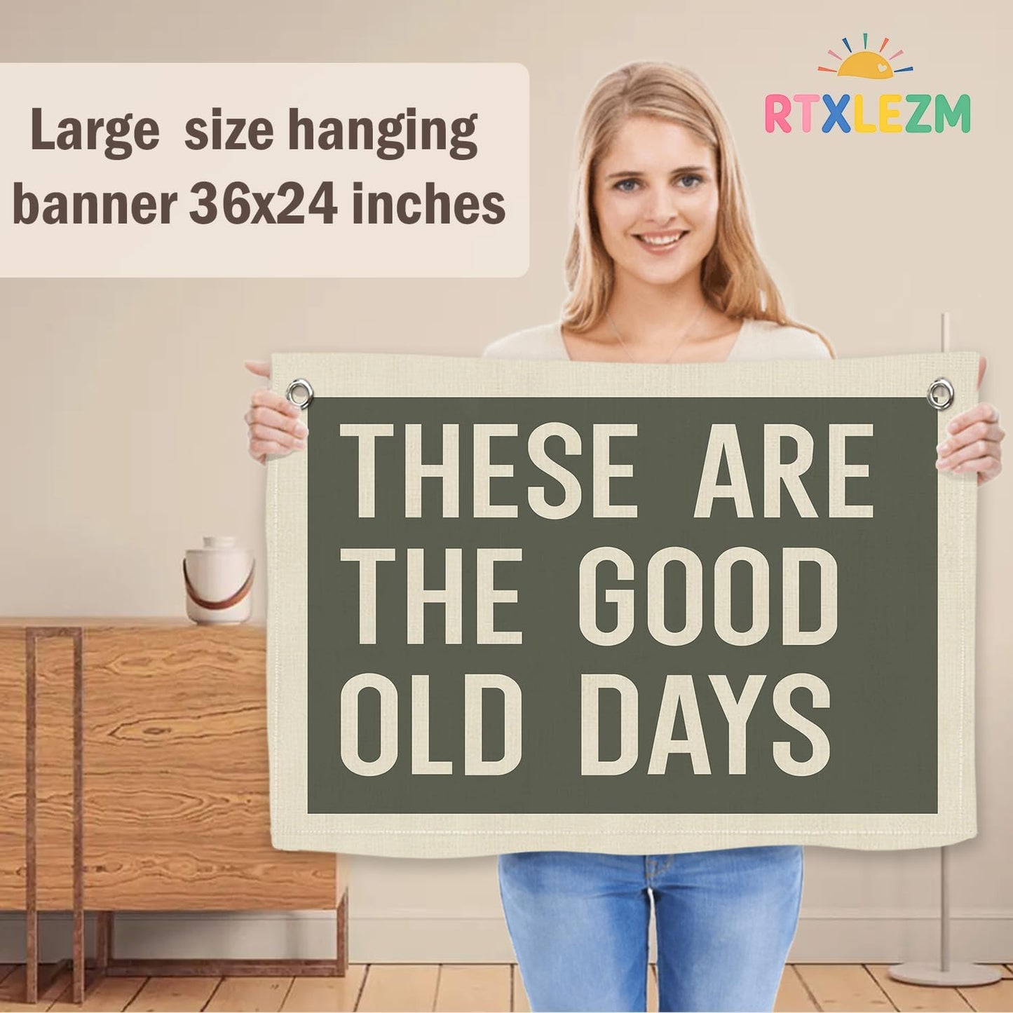 RTXLEZM These Are The Good Old Days Vintage Green Linen Wall Banners Print, Inspirational Quote Wall Art for Nursery Decor, Playroom Decor, Bedroom Dorm, Office, Retro Room Decor, Holiday Gift, 36x24