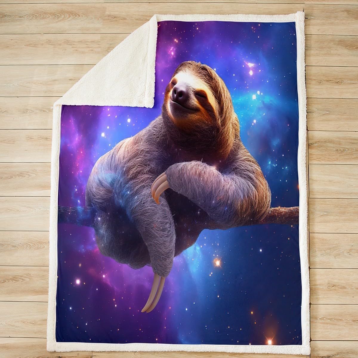 Cute Sloth Plush Blanket 3D Funny Animal Galaxy Fleece Blanket Chic Purple Blue Starry Sky Sherpa Throw Blanket for Bed Sofa Couch Outer Space Sleeping Sloth Fuzzy Blanket Room Decor Twin 60"x80"