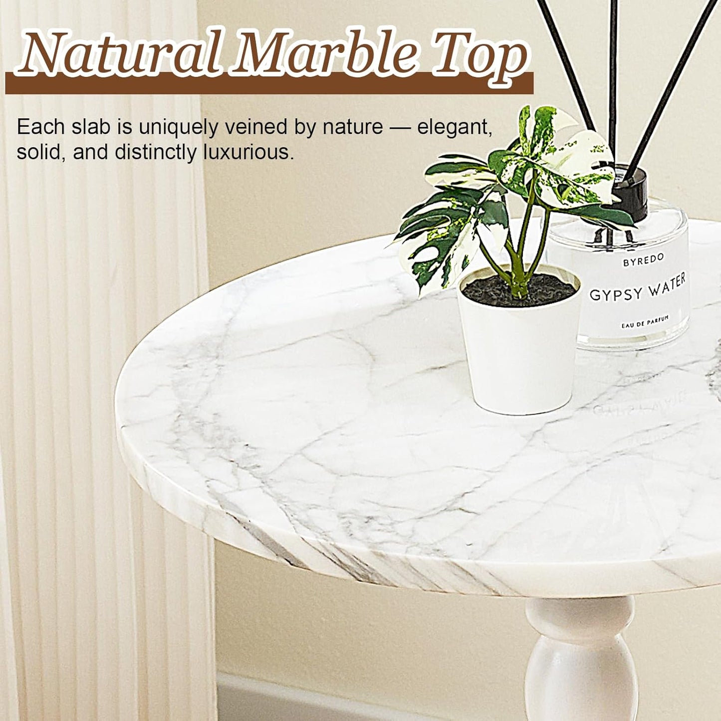Round End Table, Modern Accent Table with Base, Marble Top & Solid Wood Legs for Living Room, Bedroom, Office (Pink,Big