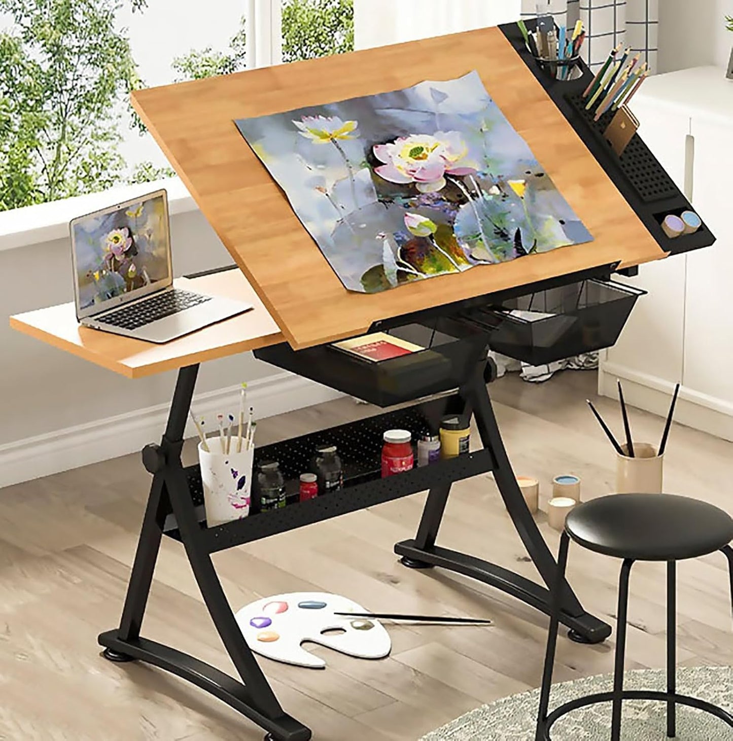 Drawing Tilting Tablet,(Wooden Drawing Desk with Stool Art Craft Table, Adjustable Height(26.8"-35.8"), 80° Tiltable, Drafting Workstation for Artwork, Graphic Design, Writing (MDF))