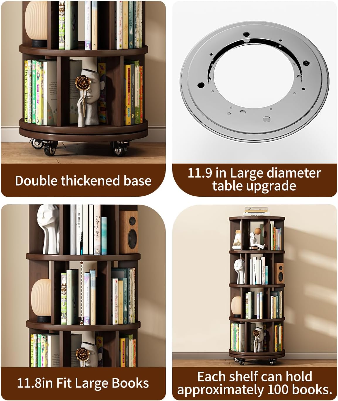 Saifu 4 Tier Wood Rotating Bookshelf on Wheels,Round Revolving Bookcase,360° Spinning Book Shelf Tower,Rolling Bookshelves for Small Space, Corner, Bedroom, Kids Room,Office, Walnut