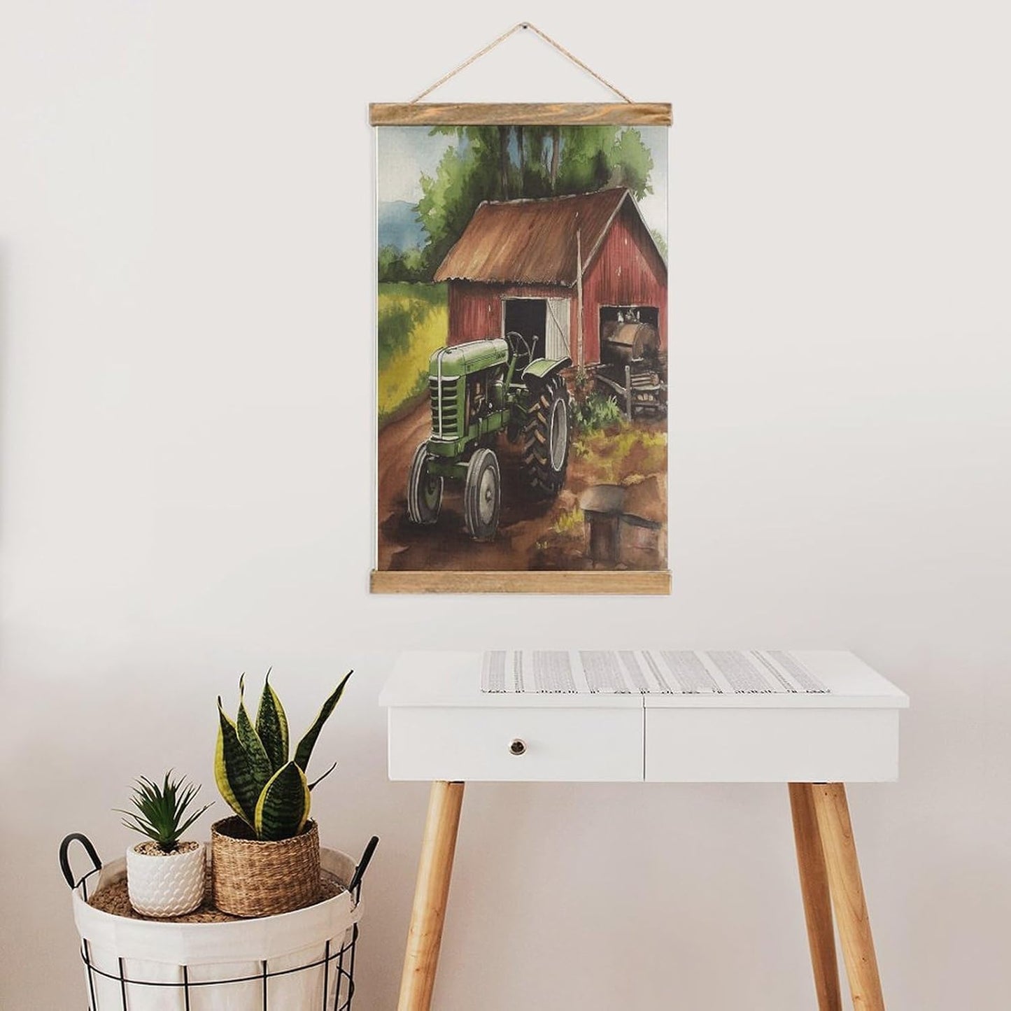 Vintage Tractor on The Farm Poster with Wooden Frame Personalized Linen Hanging Scroll Painting Rustic Wall Hanging Illustrative Modern Artwork Decor for Home Living Room Bedroom Office