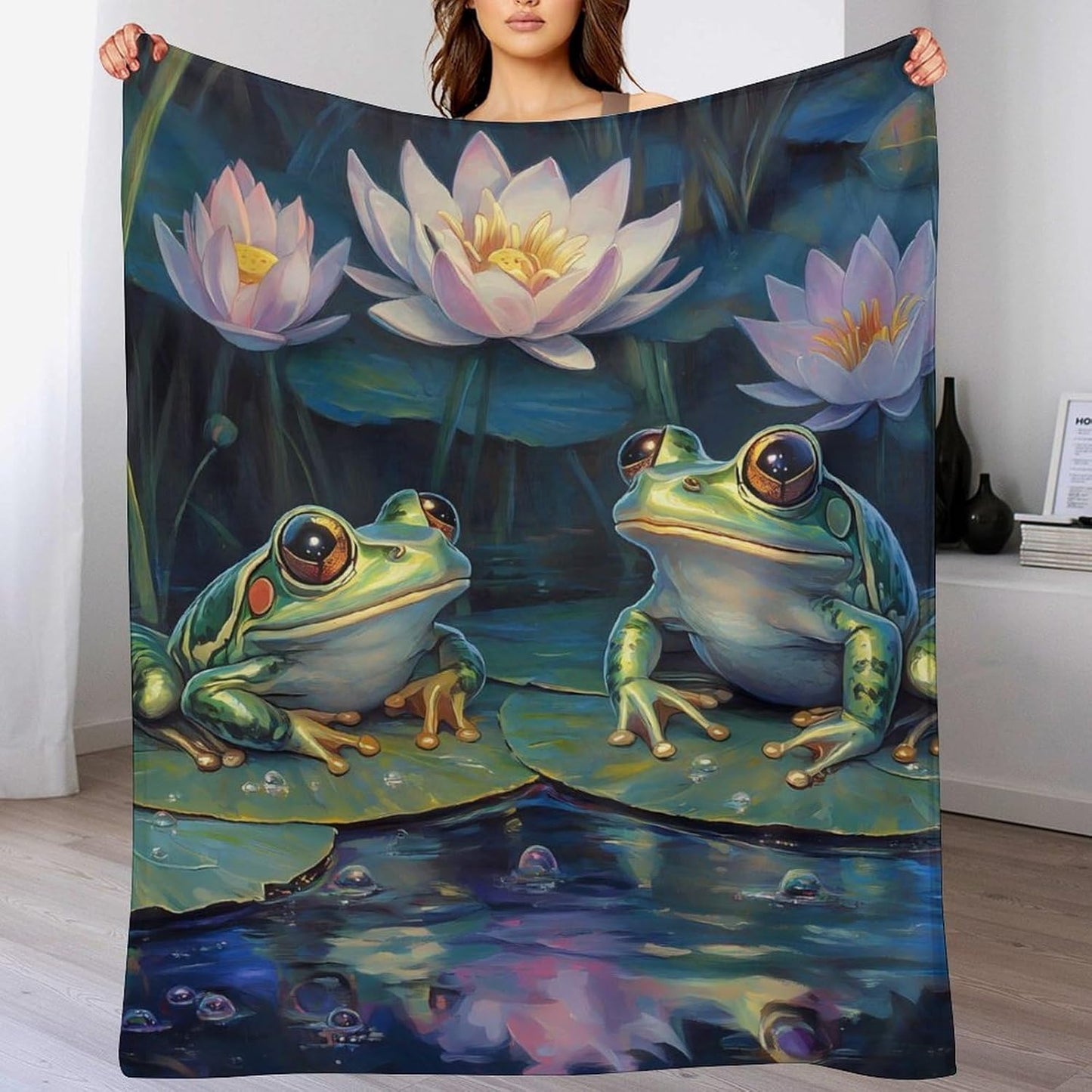 Frog Lotuses Throw Blanket for Couch Bed Plush Cozy Fuzzy Flannel Blanket for All Season 55"x70"