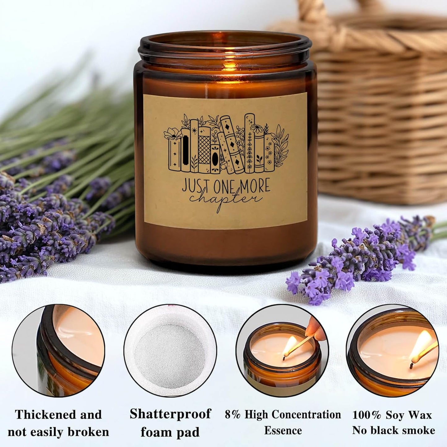 Book Lover Gift 7oz Lavender Scented Candle for Readers Bookworm Writers Bookish Jar Candle Just One More Chapter Librarian Gifts (Candle-More Chapter)