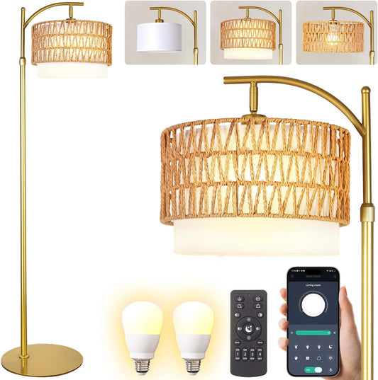 Rustic Woven Rattan Floor Lamp – Golden Finish, Arc Design, 12W LED (1 in use + 1 Spare), Remote & Dimmable 3-Color Temperature, Tall Standing Lamp for Living Room, Bedroom & Reading Corner