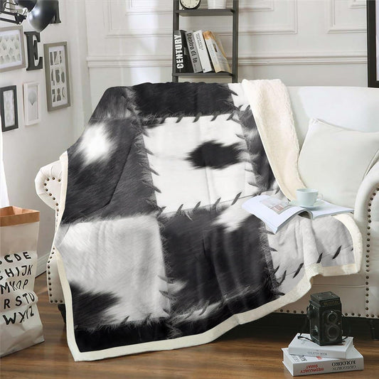 (Not Real) Cowhide Throw Blanket 40"x50", Patchwork Cow Fur Print Sherpa Blanket for Bed Sofa Couch, Farm Animal Soft Lightweight Fleece Blanket, Western Cowboy Farmhouse Flannel Blanket, Grey White
