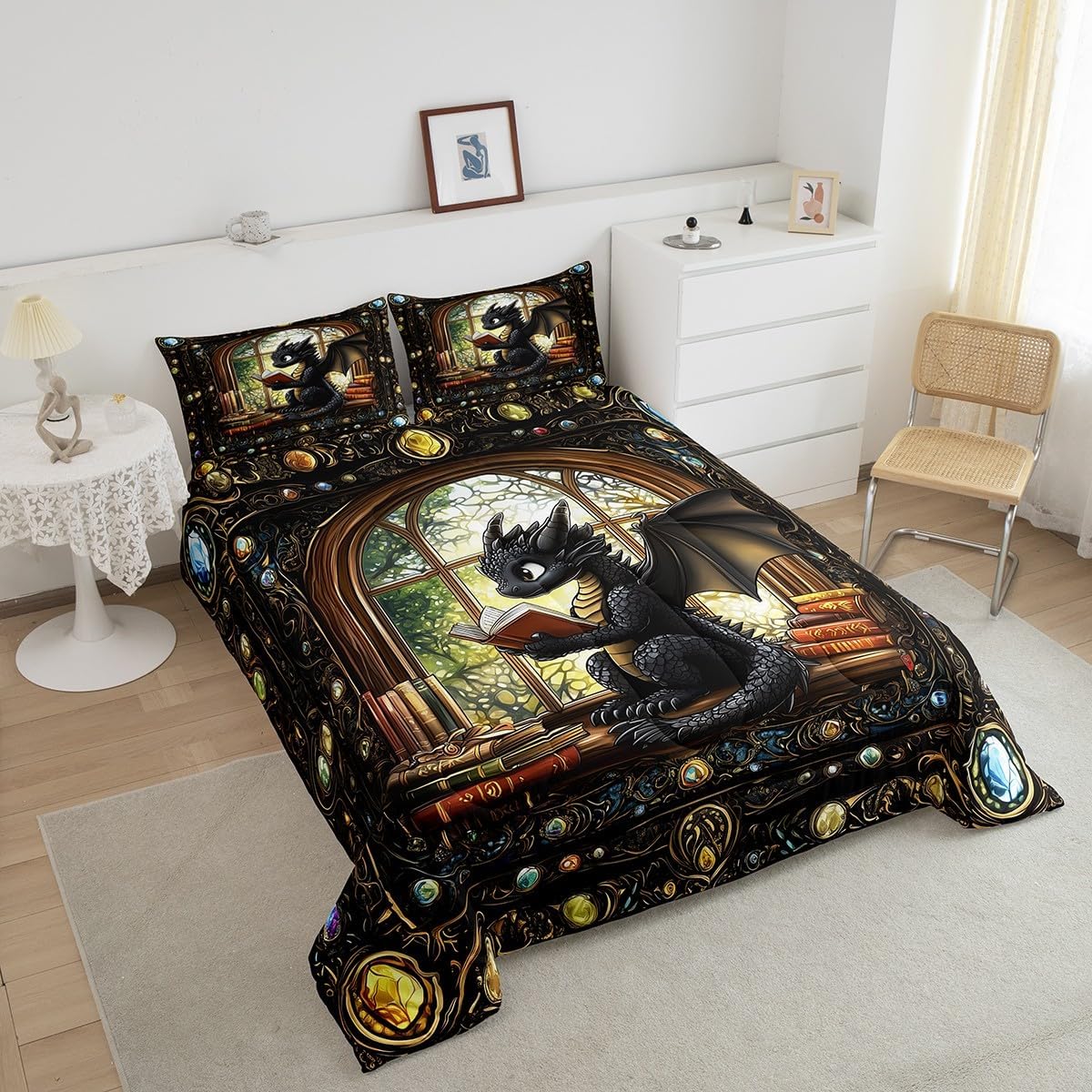 Cartoon Dragon Kids Comforter Set Twin Size,Reading Book Bookshelf Trippy Bedding Set,Girls Boys Room Decor,Geometric Patchwork Vintage Down Comforter,Black Noble Chic Duvet Insert,1 Pillowcase