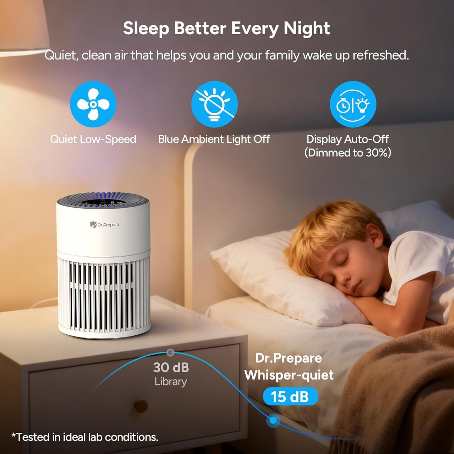 Dr.Prepare Air Purifiers for Bedroom,Quiet Air Purifier with 15 dB Sleep Mode & Night Light,H13 HEPA Washable Filter, 360°Air Inlet, 3 Timer 12W Design, Air Cleaner for Pet Dander,smoke