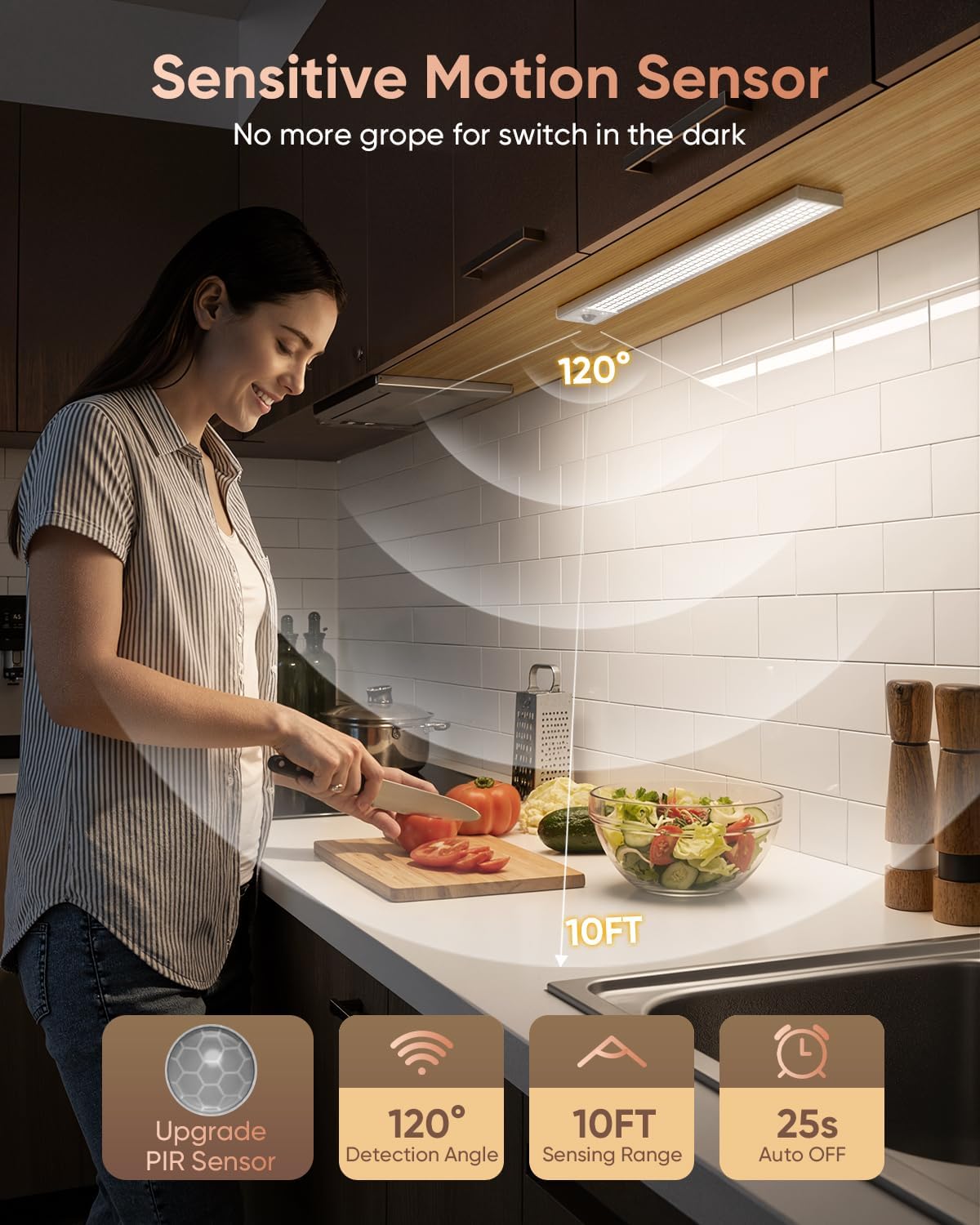 12inch Under Cabinet Lighting, 152LED Motion Sensor Light Indoor, Rechargeable Closet Lights, 3 Color Temps, Dimmable, Magnetic Wireless Under Counter Lights for Kitchen, Stairs, Pantry, 1 Pack