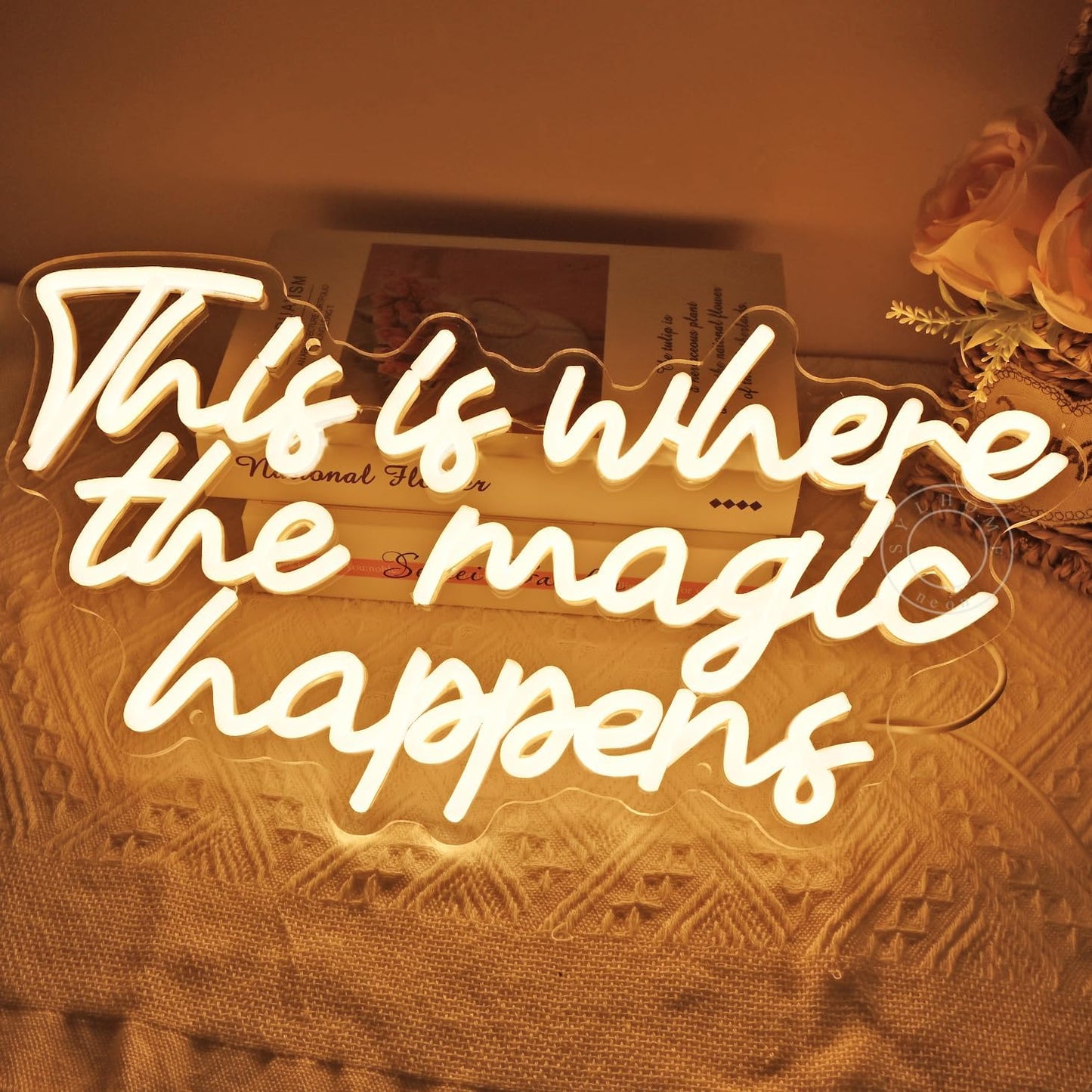 SYLHOME This Is Where The Magic Happens Led Neon Light Sign Bedroom Wedding Birthday Party Wall Decor Sign Bar Pub Kids Room Decoration USB 16.9" X 8.9" Warm White