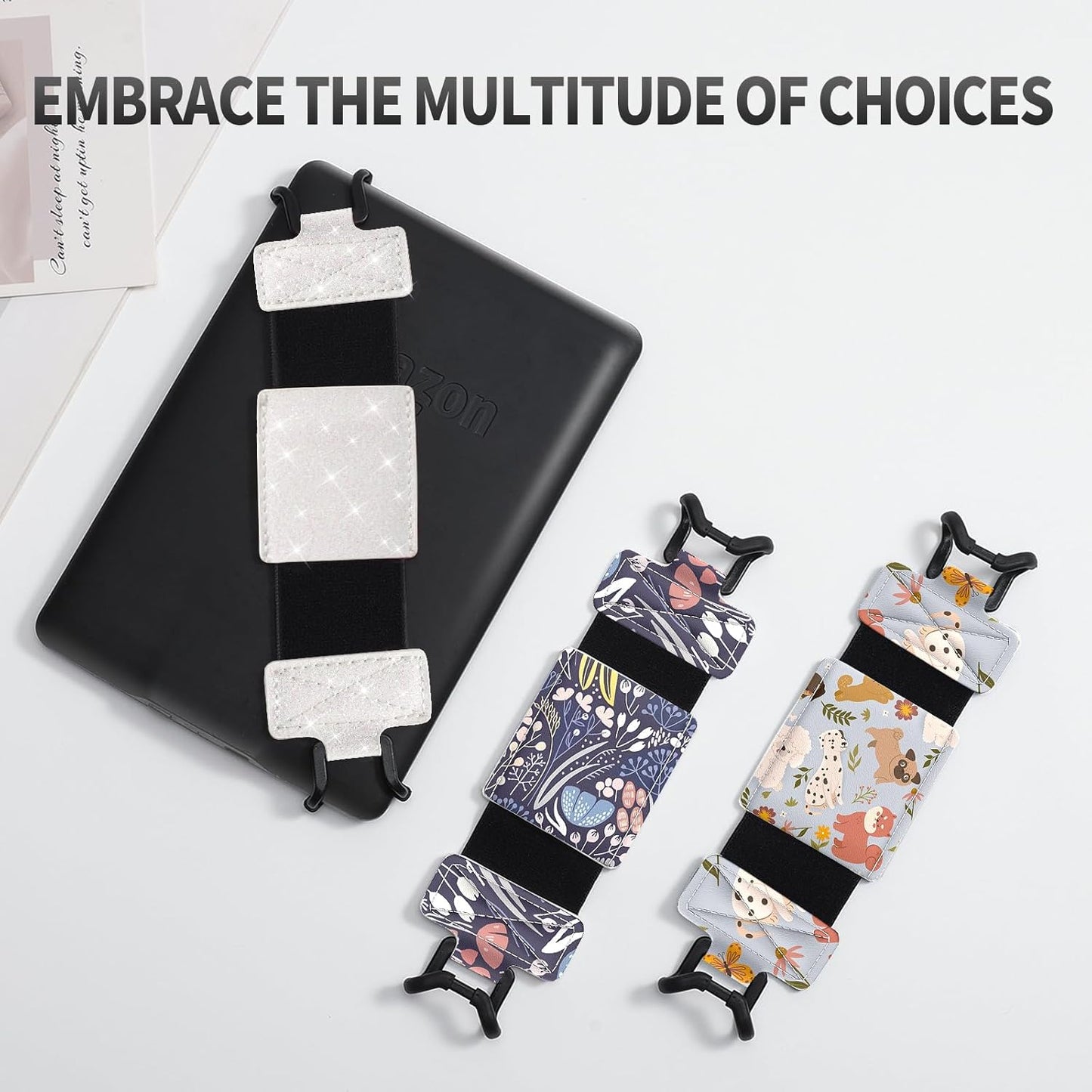 MoKo Soft Hand Strap for 6-8" Universal eReaders & Tablets, Black High-Elasticity Versatile Hand Strap Lightweight Finger Grip Holder, Glitter White
