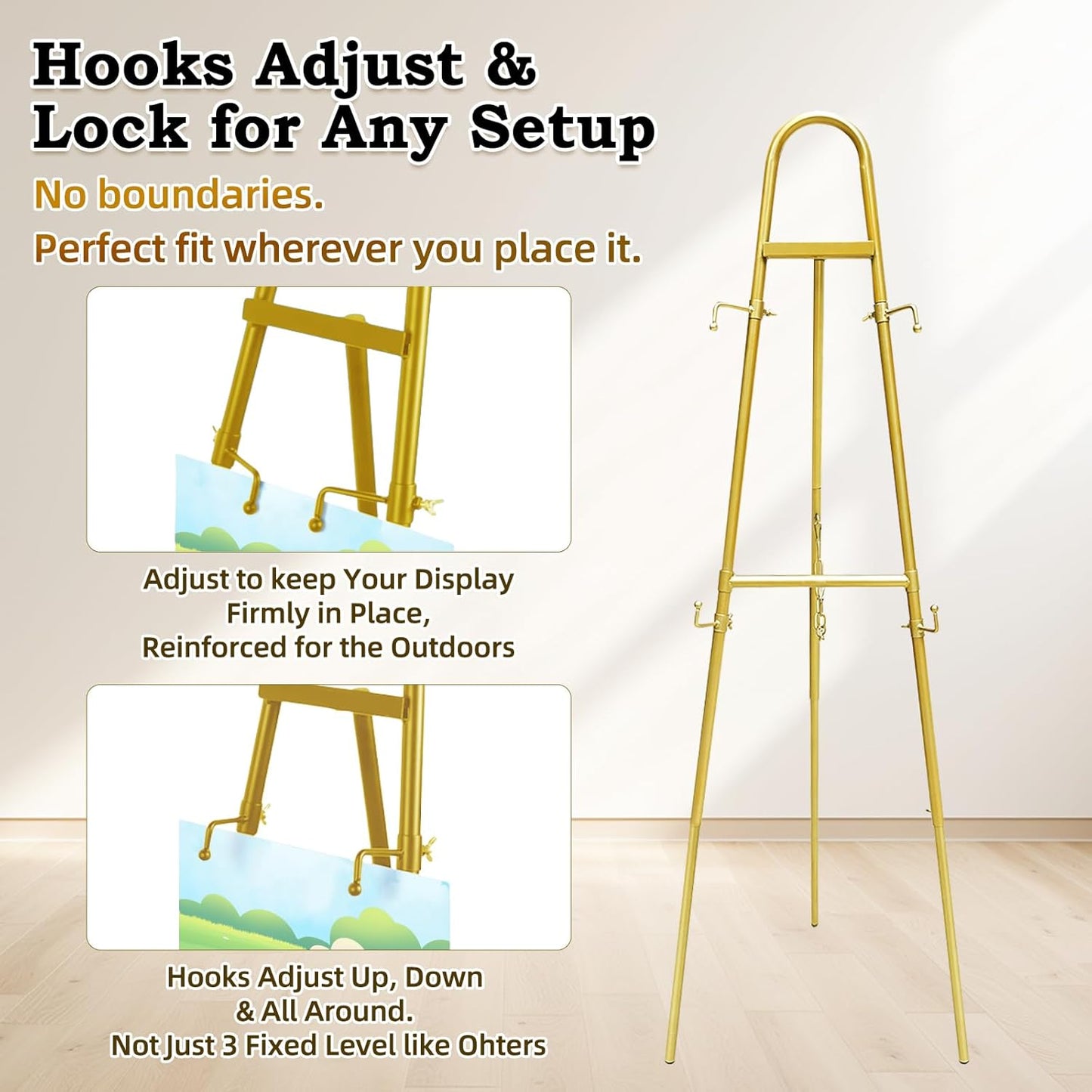 57"–42" Height Adjustable Gold Easel Stand for Signs, 4 Display Modes, Stable at Any Position with 4 Hooks – Perfect Welcome Sign Stand, Heavy Duty Easel Stand for Wedding Sign,Parties, Art & Events