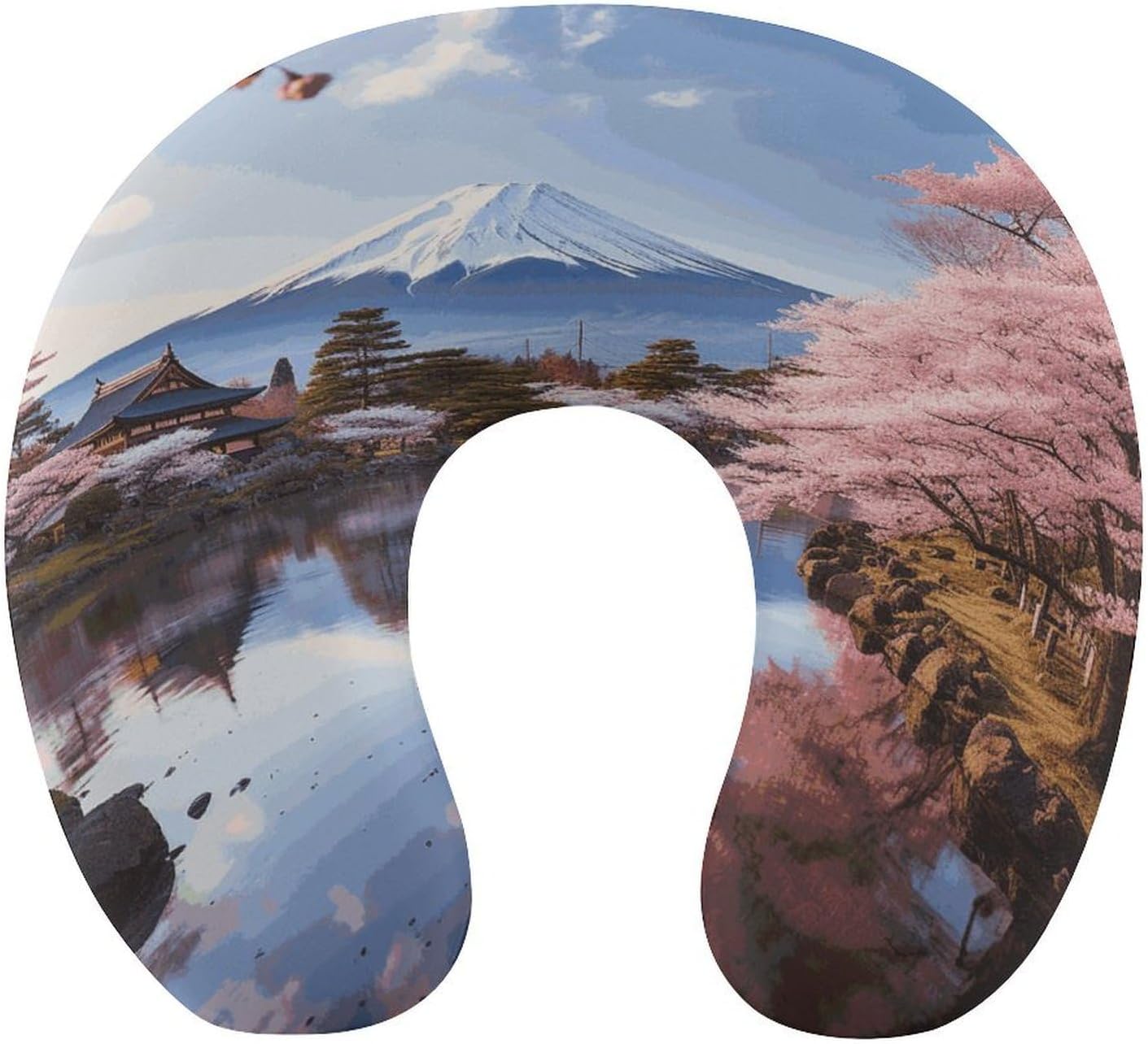 Mount Fuji Cherry Blossom Trees Neck Pillow Memory Foam U Shaped Pillows Portable Pillows for Shoulder Travel Head Support Pillow with Concealed Zipper for Airplane Car Home Office