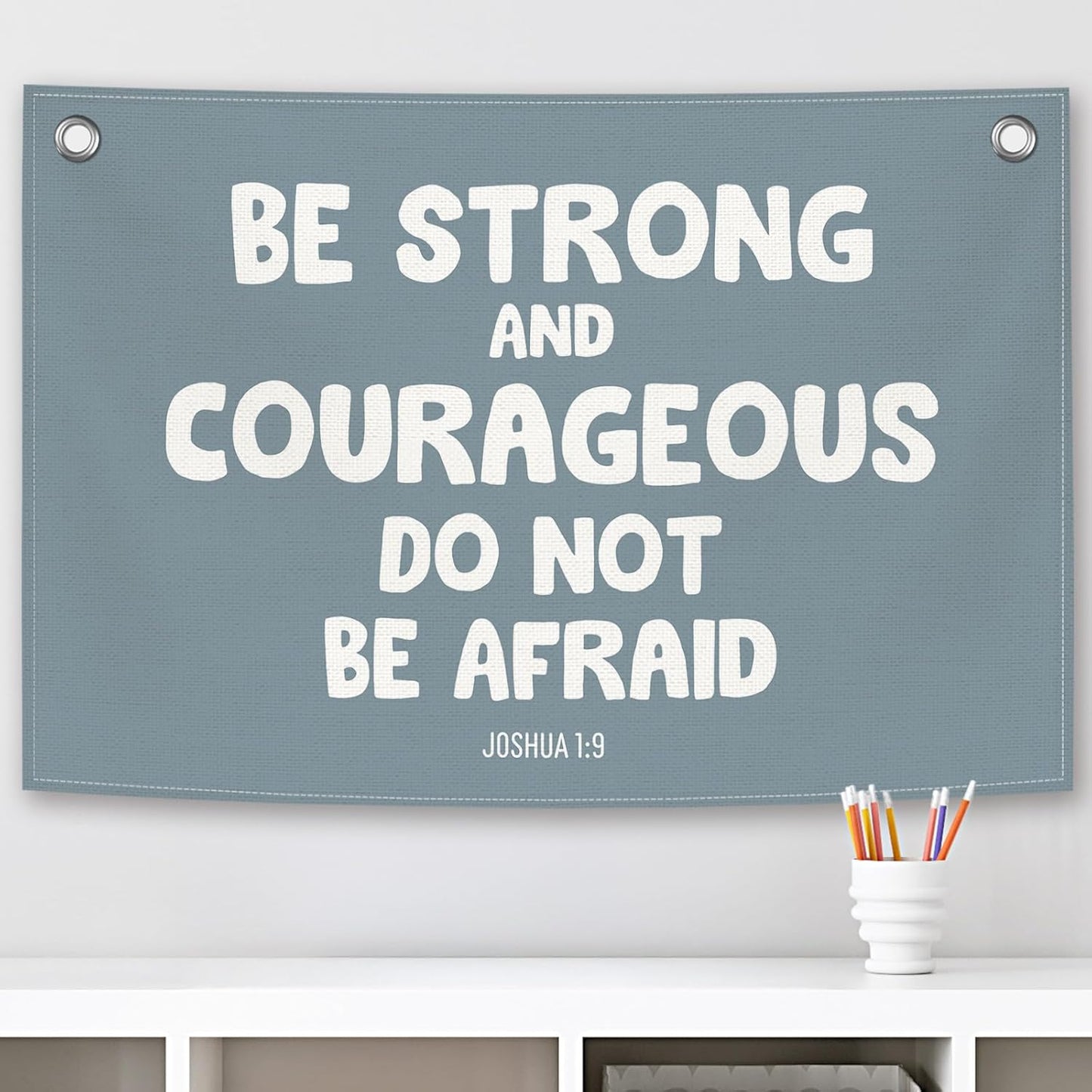 Blue Christian Kids Boys Banner Canvas, Bible Verse Be Strong Courageous Toddler Room Decor, Inspirational Hanging Flag Sign, Nursery Wall Tapestry Art for Playroom Bedroom Classroom 20x30in