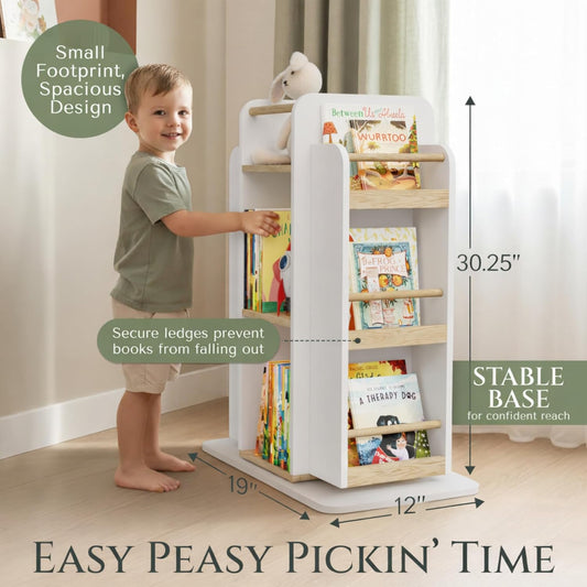 COVE & KIN Kids Rotating Bookshelf Organizer – 360° Montessori-Inspired Front-Facing Bookcase for Toddlers & Kids, Space-Saving Wooden Book Shelf for Nursery, Playroom & Bedroom