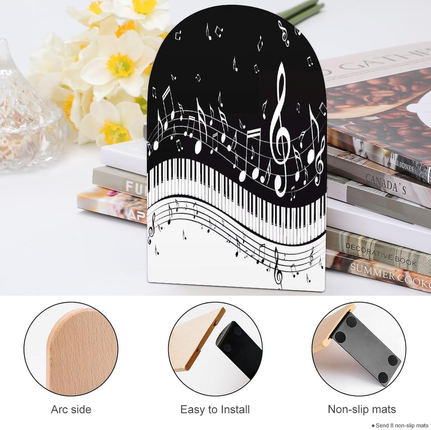 Black White Music Note Wooden Bookend Non-Slip Book Ends Heavy Duty Book Stopper with Metal Base Books Holderd Decorative Bookends Stands Firmly for Office Supplies