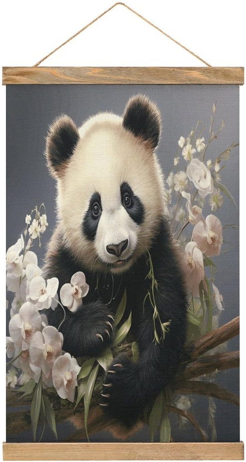 Vintage Panda with Flower Poster with Wooden Frame Personalized Linen Hanging Scroll Painting Rustic Wall Hanging Illustrative Modern Artwork Decor for Home Living Room Bedroom Office