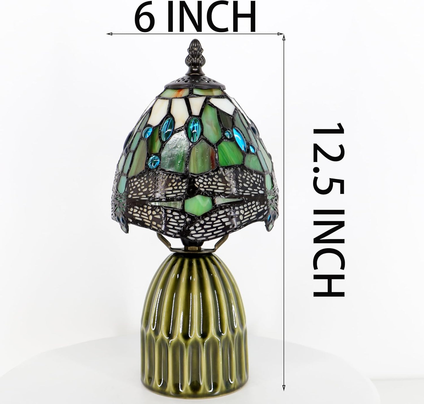 티파니 램프 스테인드 글라스 버섯 테이블 램프 15.2 x 15.2 x 31.8cm(6 x 6 x 12.5인치) 앰버 화이트 잠자리 스타일 소형 야간 조명 세라믹 베이스 미니 액센트 책상 조명 침대 옆 테이블 침실 어린이 방에