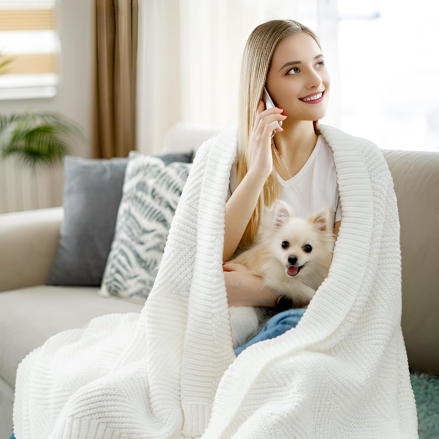 Knitted Throw Blanket 60"X80", White Knit Throws for Bed, Super Soft Boho Chevron Blankets for Couch Sofa Chair Room Decor, Textured Decorative Farmhouse Cozy Lightweight